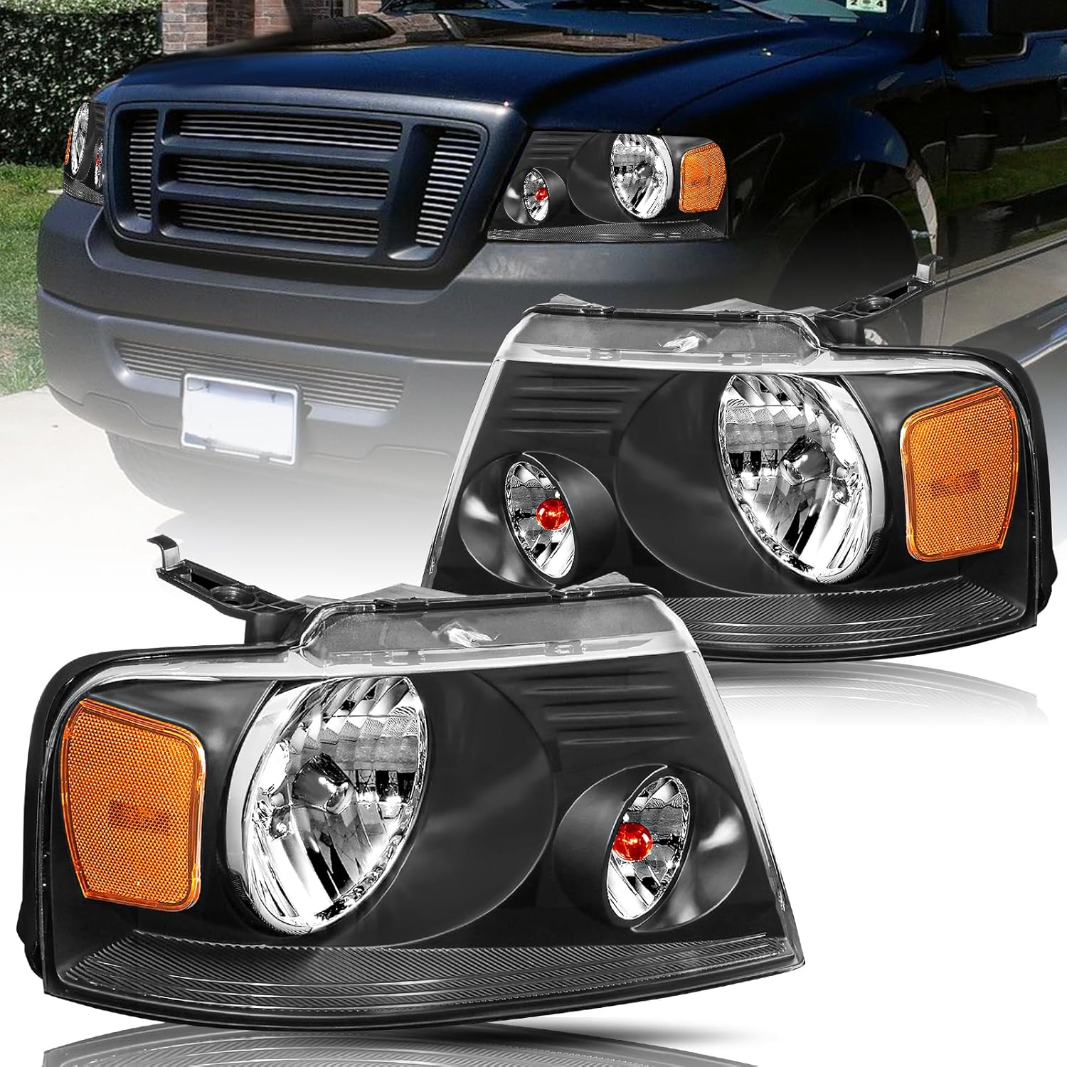BRYGHT Headlight Assembly Fit for 04-08 Ford F150 Pickup / 06-08 Lincoln Mark LT Passenger and Driver Side (Black Housing with Amber Reflector)