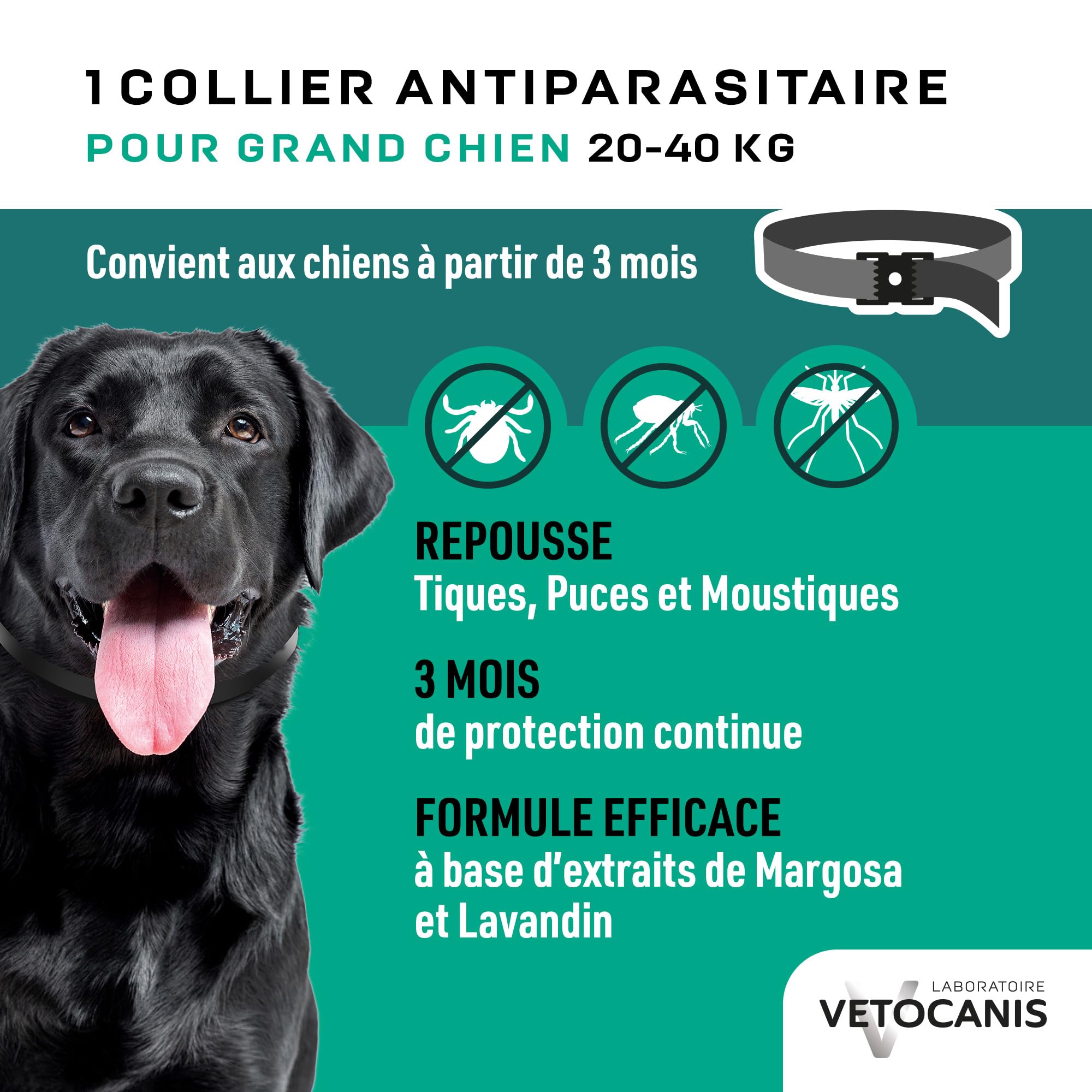 Vetocanis - Collier Répulsif Puces Tiques Moustiques - Protection 3 mois - Grand Chien 20 à 40 kg - Extraits Naturels Margosa et Lavandin