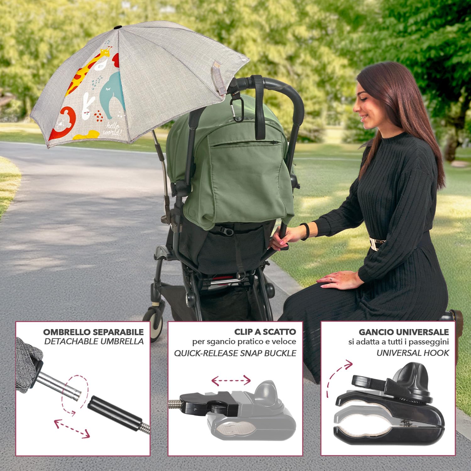 PERLETTI Uniwersalna Parasolka Przeciwsłoneczna do Wózka Anti-UV 50+ - Parasol Słońce Deszcz dla Niemowląt Dzieci ze Zwierzętami - Mini Parasolka Ręczna do Wózka Dziecięcego - Średnica 70 cm (Beżowy)
