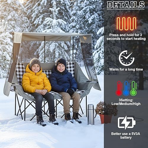 Miniatura 4 de Silla de campamento doble climatizada con toldo, silla portátil plegable de gran tamaño de 660 libras con acolchado, 4 zonas de calefacción, 3