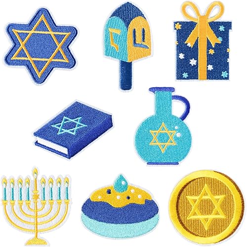 Kirako 8 parches bordados de Hanukkah Feliz Janucá Estrella de David Menorah Dreidel CoserPlanchar en Reparación Bordado Apliques DIY Manualidades