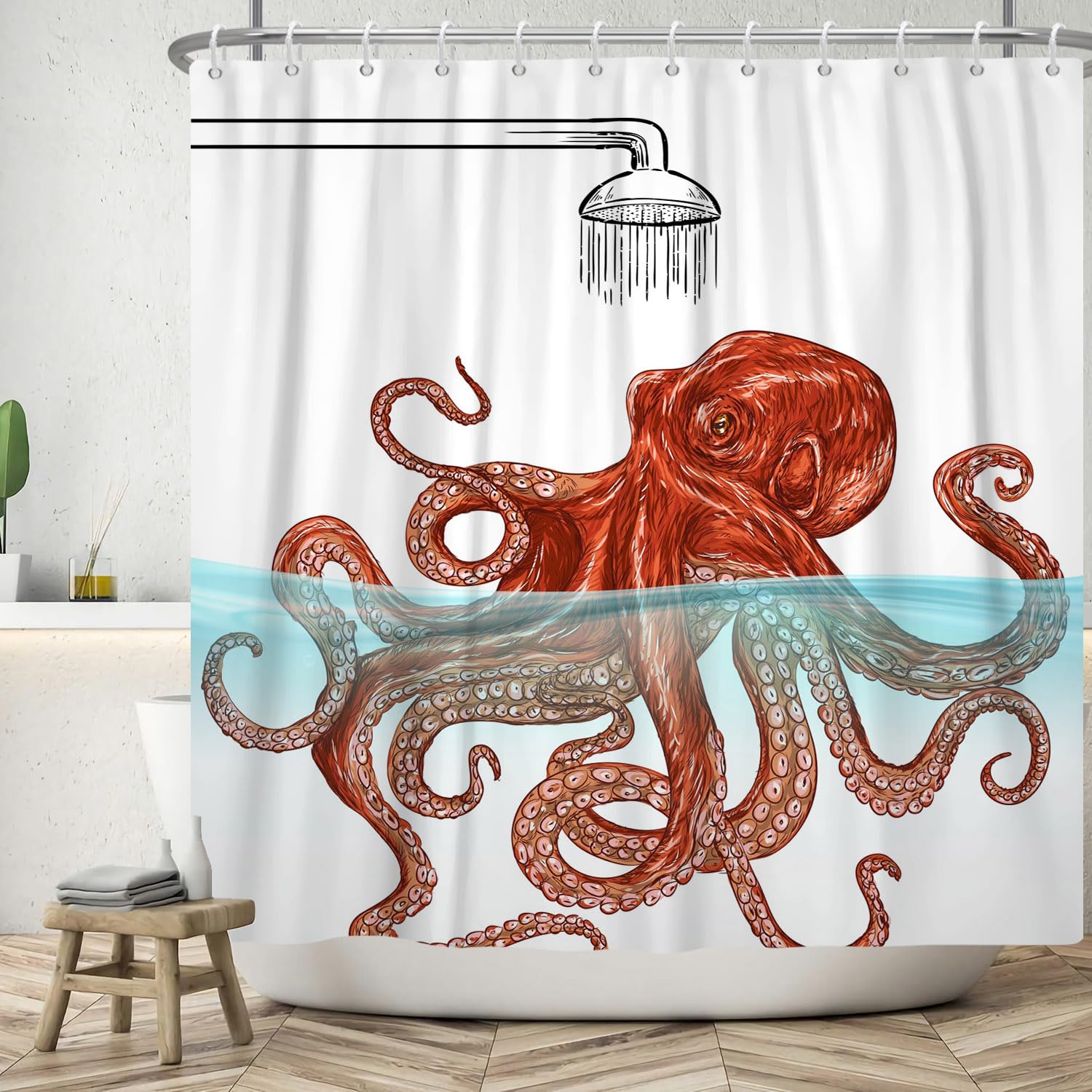 ASDCXZ Funny Shower Curtain 120x200 cm, Modern Simplicity Funny Orange Octopus Swimming White Bath Washable Shower Curtains Polyester Textile Waterproof Bath Curtain for Bathtub with 8 Hooks — image 1