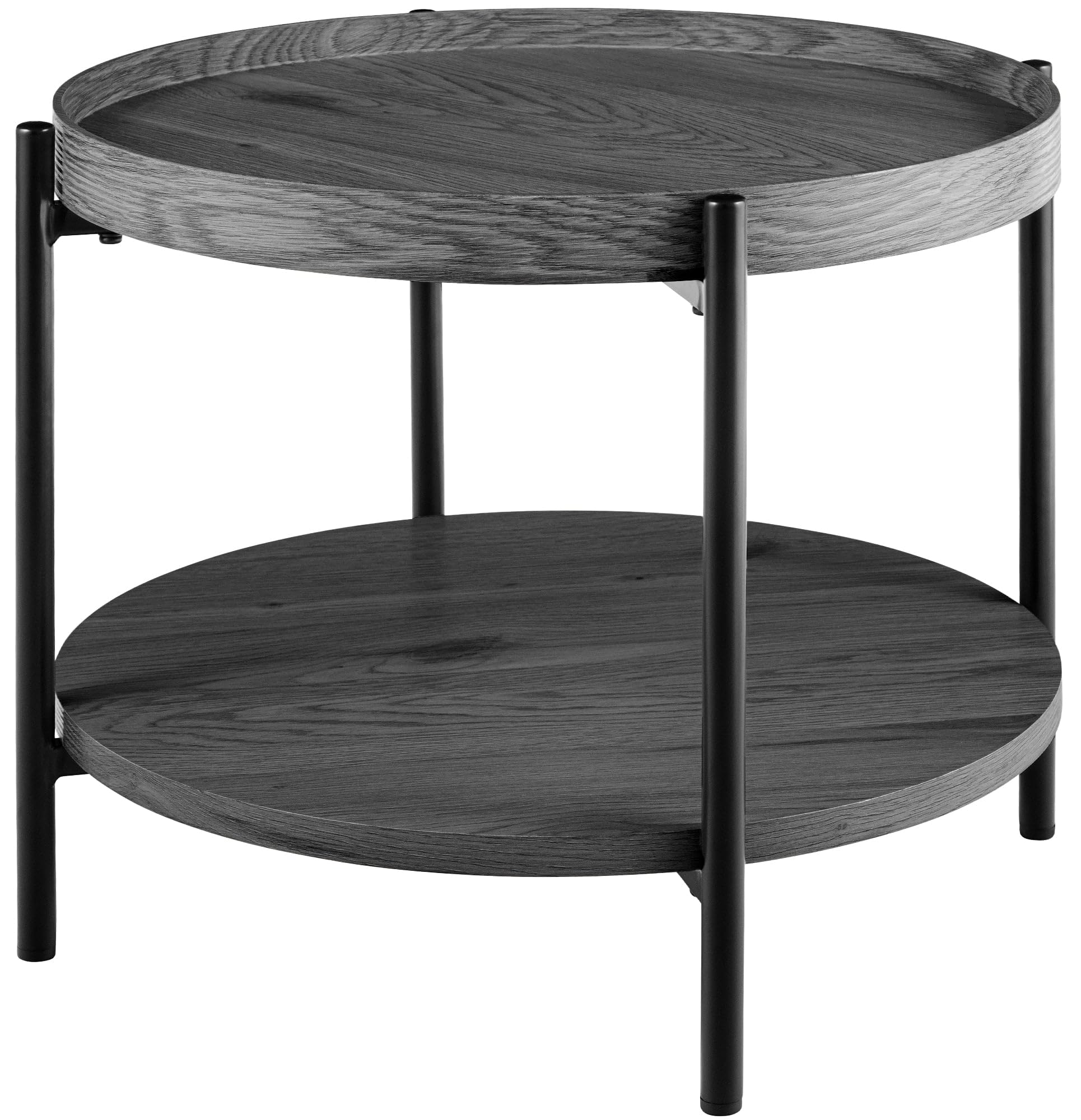 CLP Couchtisch rund Holz Corbitan, Sofatisch 2 Ebenen mit Stauraum, Beistelltisch klein Metallgestell schwarz, Farbe:grau, Größe:Ø 50 cm