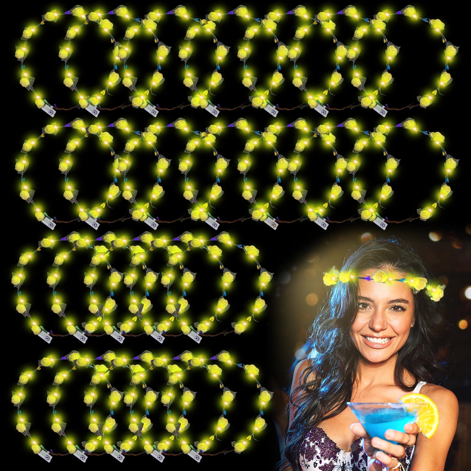 YOFOBU 36 Pcs Flower Crown Headband,Light Up Flower Headbands for Women,Glowing Floral Wreath Crowns for Wedding Beach Party (Yellow)