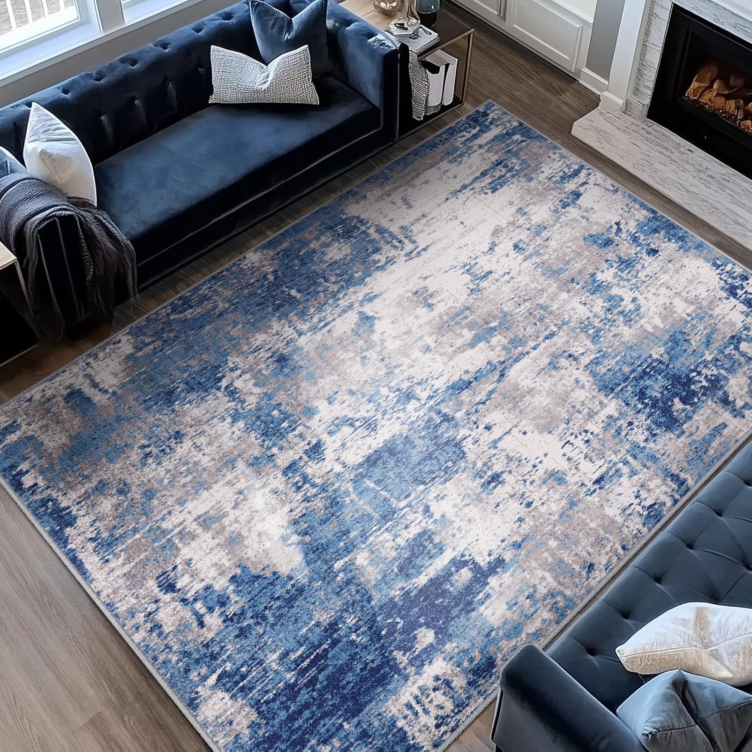 Washable Area Rugs 9'x12' Non-Slip Modern Abstract Soft for Living Room Entryway Bedroom, Print Pattern, Blue Grey Navy Gray Blue/Gray 9' x 12' (Rectangular)