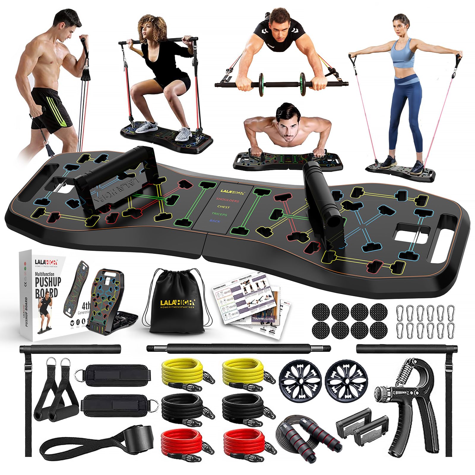 LALAHIGH Portable Home Gym System: Large Compact Push Up Board, Pilates Bar & Fitness Accessories with Resistance Bands Ab Roller Wheel for Men and Women, Gift for Boyfriend