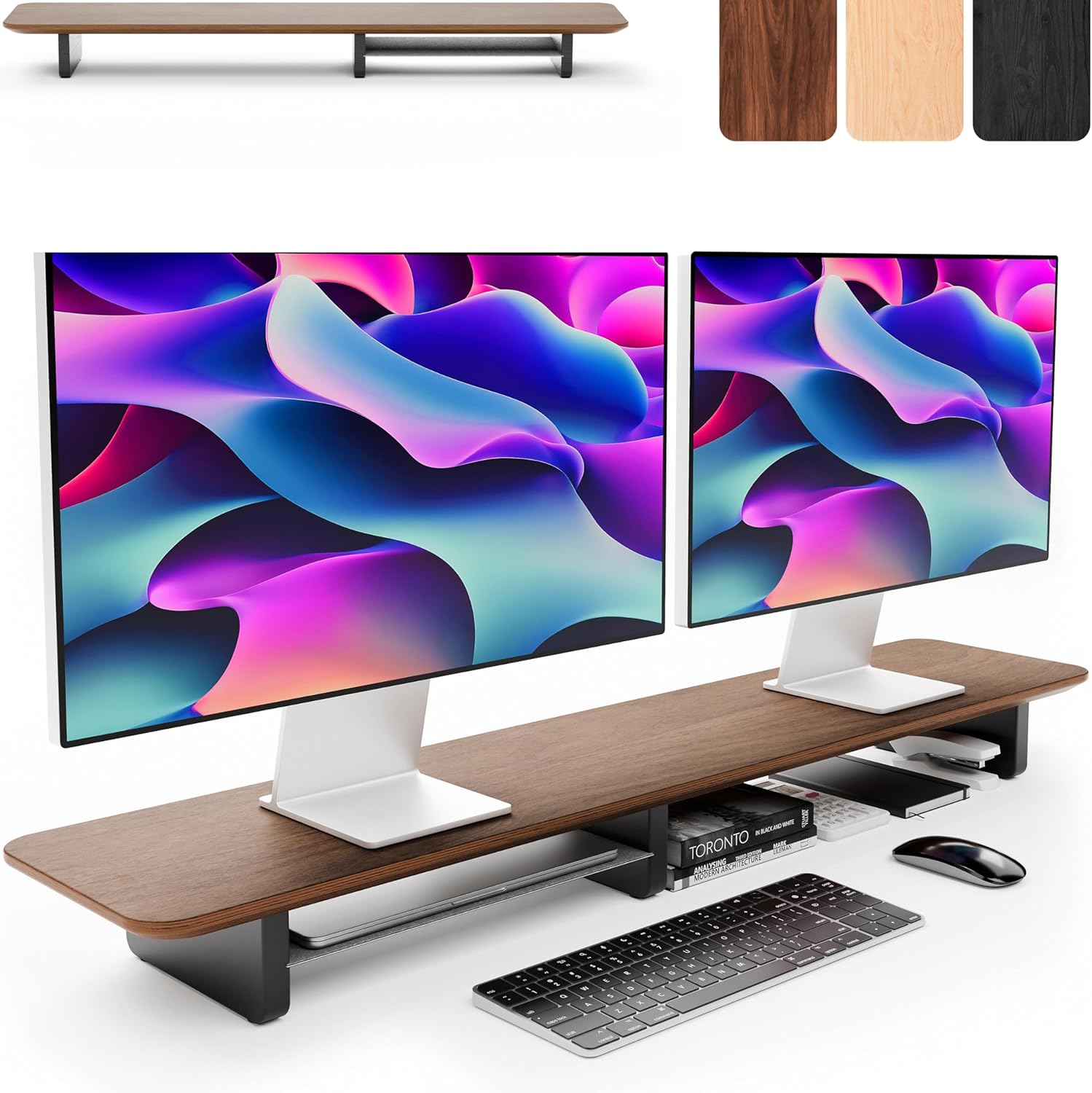 KIVY Dual Monitor Riser with Integrated Metal Shelf - Wooden desk shelf for top of desk - Wood monitor stand for desk 2 monitors / tv - Dual monitor stand riser for desk - Large walnut monitor stand