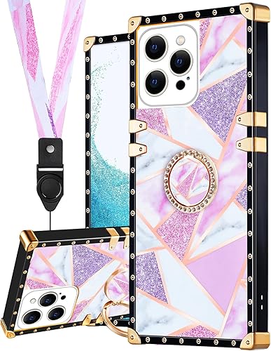 Loheckle Funda para iPhone 15 Pro Max para mujeres, niñas, adolescentes, diseño cuadrado a la moda, lindas fundas con soporte de anillo y cordón,
