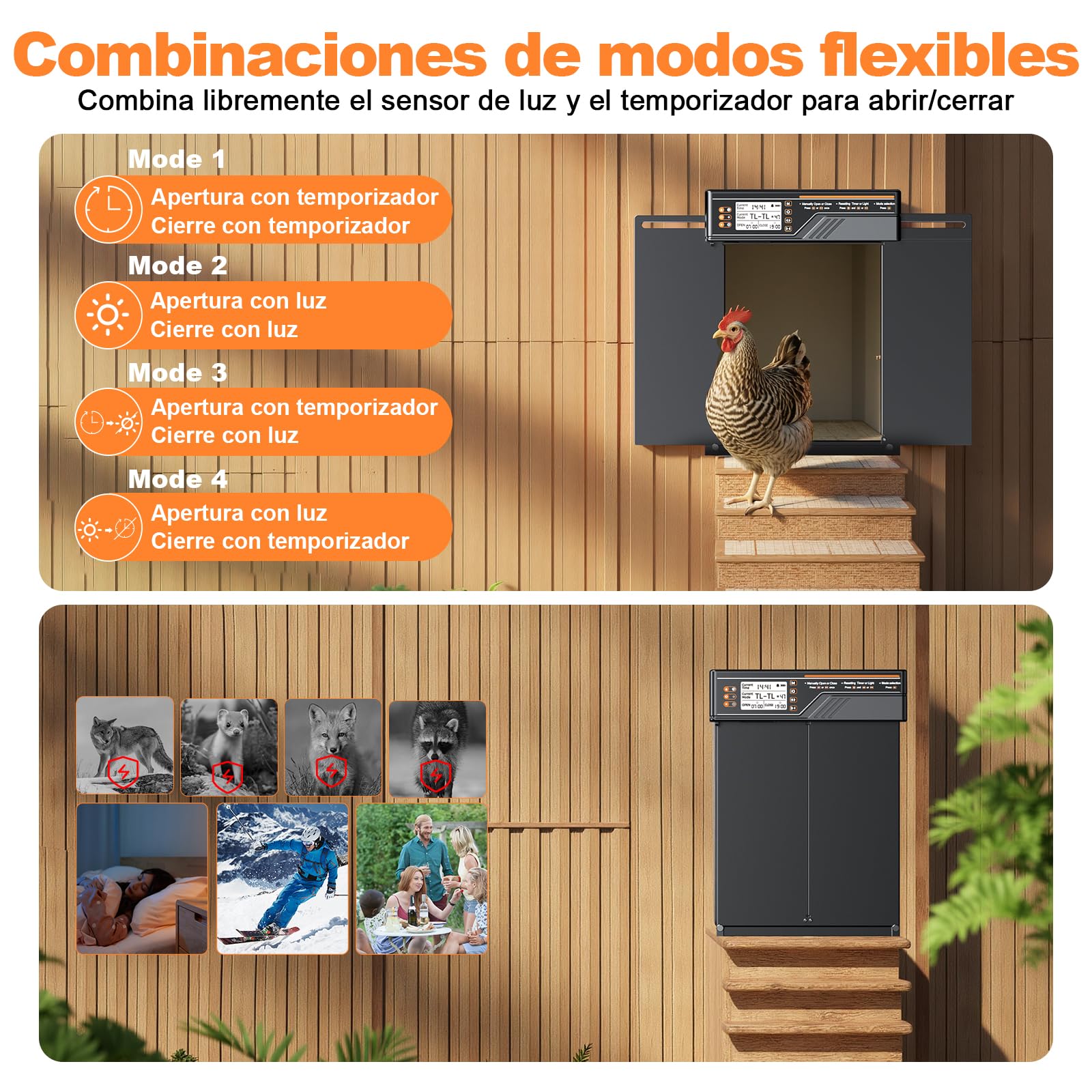 Puerta Automática Grande para Gallinero con Panel Solar de 7W, Puerta Gallinero de Aleación de Aluminio con 4 Modos, Temporizador y Sensor de Luz, Pantalla LCD de Gran Tamaño, con Mando a Distancia