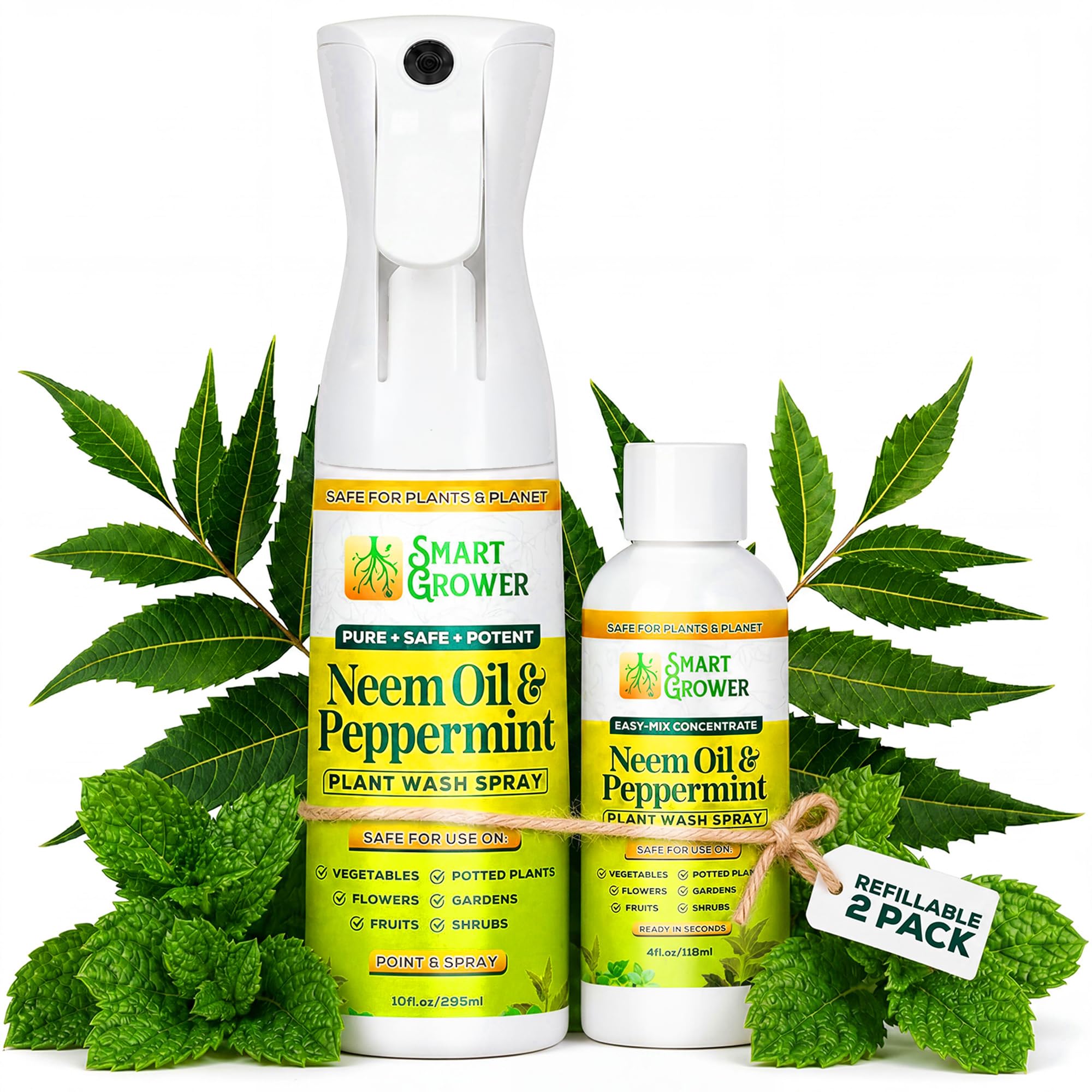 Spray de aceite de neem para plantas con aceite de menta, paquete combo recargable de niebla fina de 283,5 g + relleno concentrado de 113,4 g - Hecho 6 botellas, lavado natural para plantas