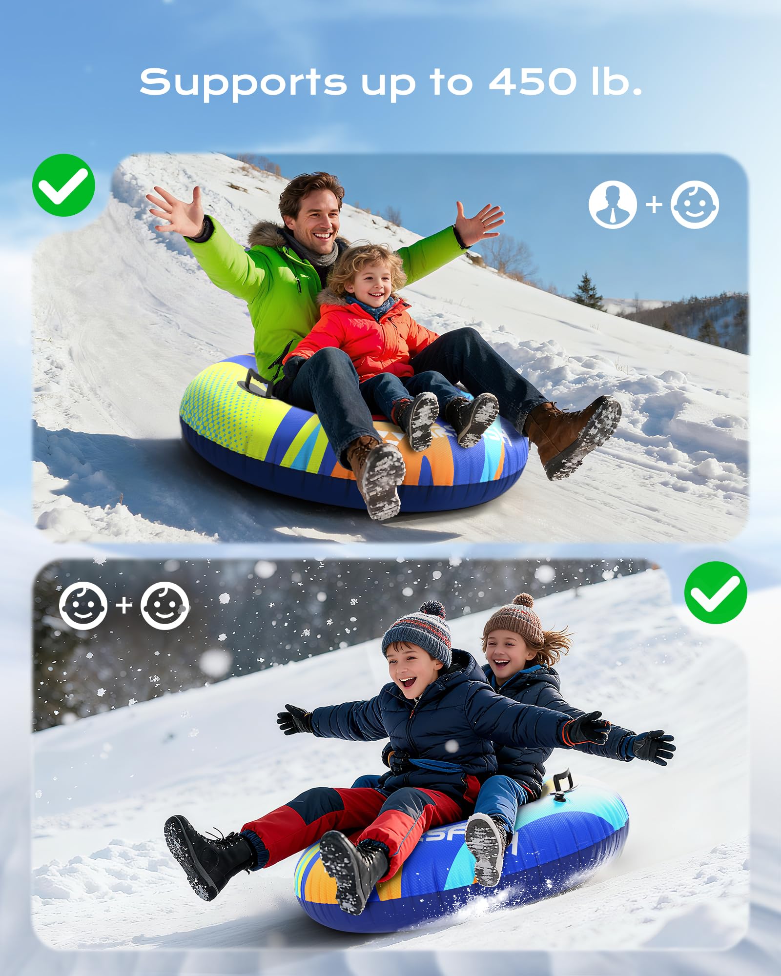 aufblasbare Schlitten Snow Tube mit Towable Leine, Schnee Schlitten Heavy-Duty Cover Wear-Resistant & Anti-Freeze Material Sledding Tubes für Wintersport für Kinder Erwachsene, 2 Packs