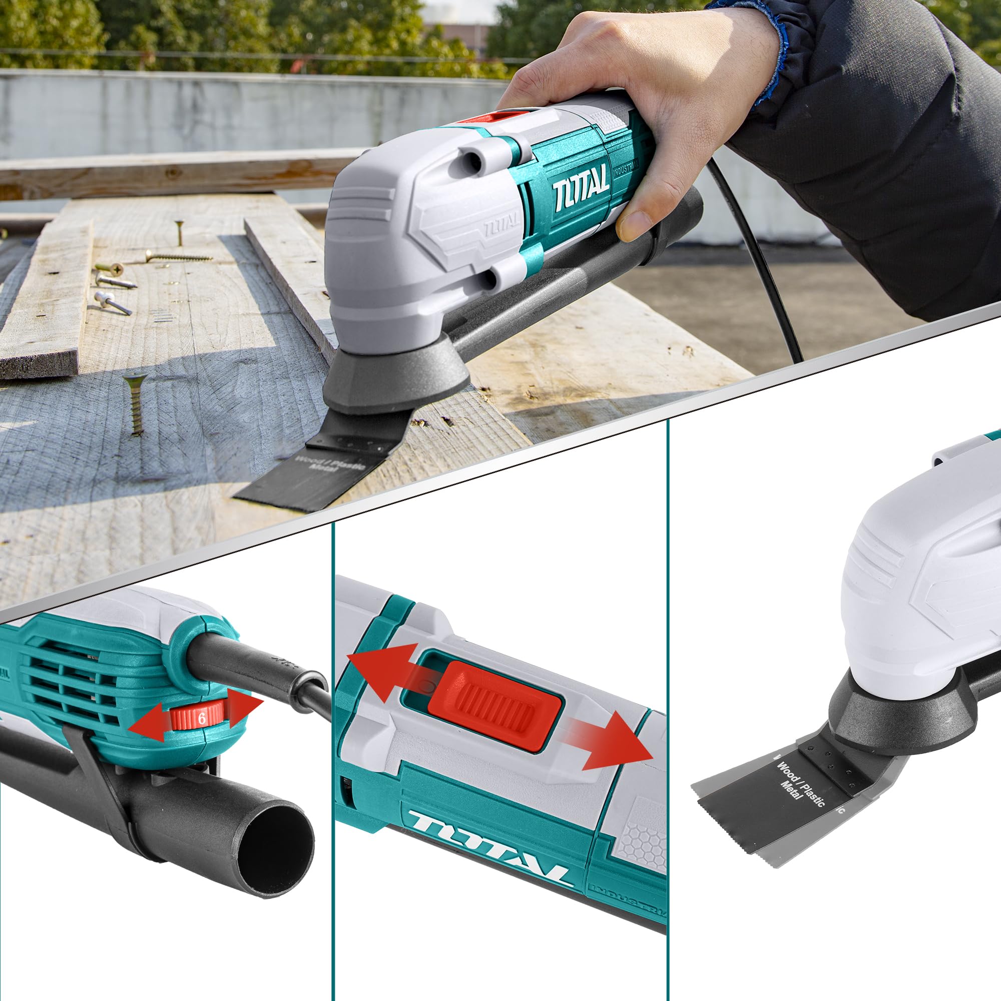 TOTAL - Herramienta Multifuncion Oscilante - Sistema de Aspiración y Accesorios incluidos - Modelo Multiherramienta 300W TS3006