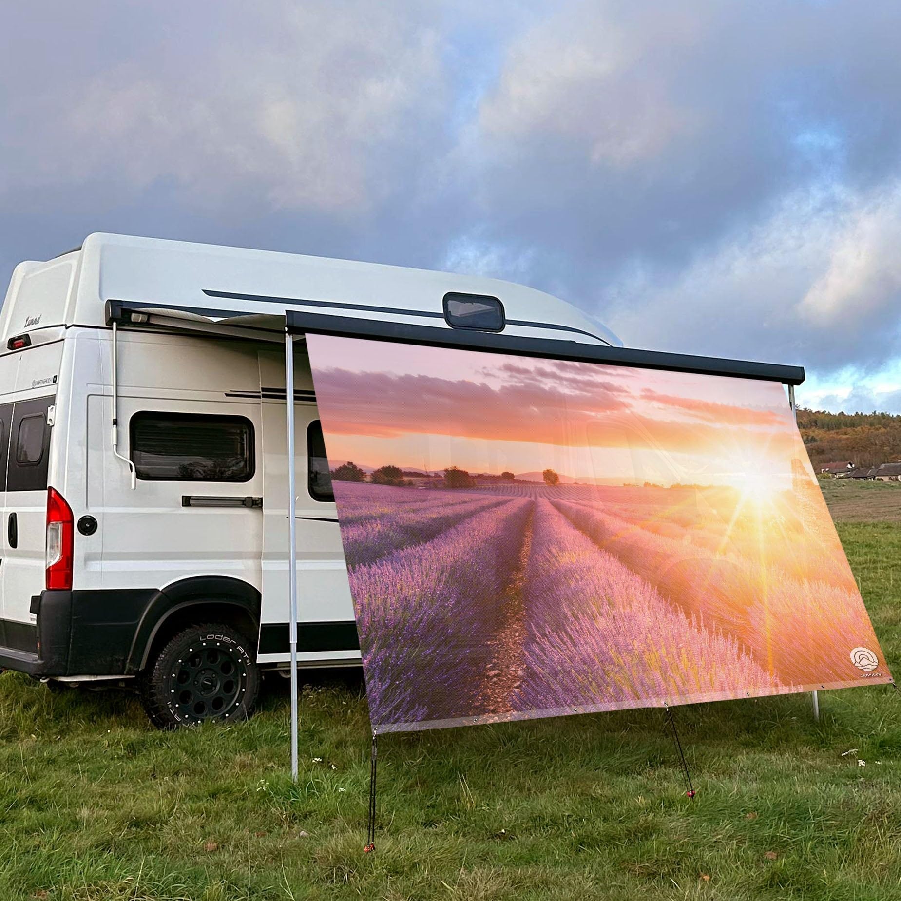 Textil Sonnensegel LAVENDELFELD | Höhe 200cm | hochwertiger Fotodruck inkl. Keder-Befestigung | Markisen-Vorderwand - Länge/Keder: 350cm / 5 mm Keder