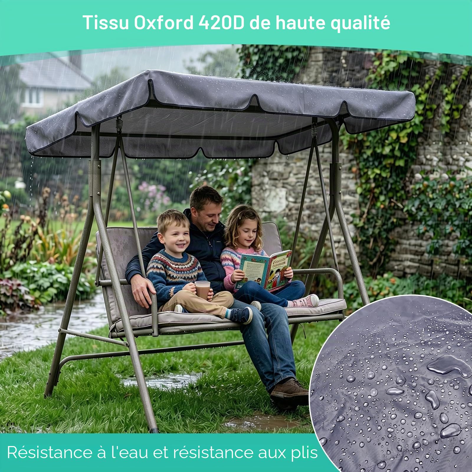 Toit de Balançoire Hollywood Imperméable avec 4 Tunnels Réglables | Toile imperméable pour balançoire avec bande auto-agrippante, Toit de remplacement pour balançoire, Gris, résistant aux UV