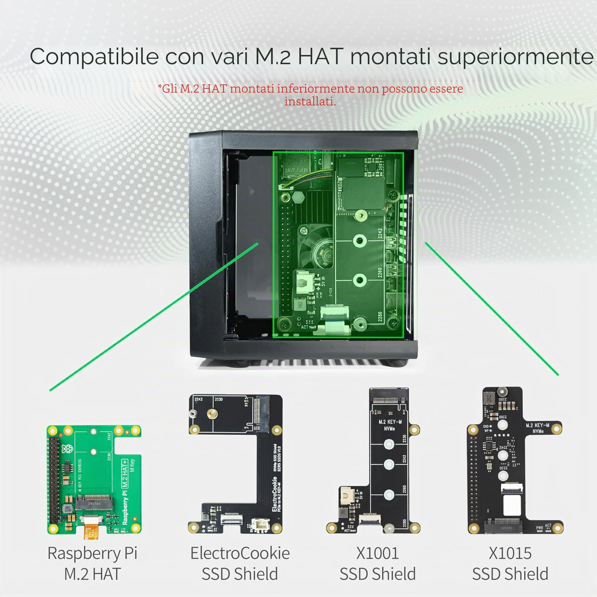 Custodia Mini PC ElectroCookie per Raspberry Pi 5 con SSD M.2 NVMe PCIe HAT e Illuminazione RGB Attiva (Custodia Nera + HAT M.2[X1001])