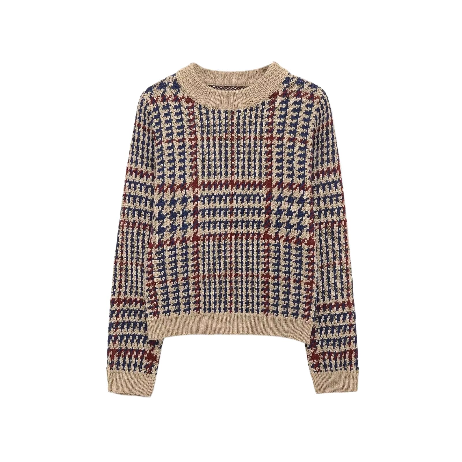 Winter Womens Relaxed Fit Color Block Jacquard Knit Sweater with Round Neck Long Sleeves Fashionable Plaid Pattern Polyester