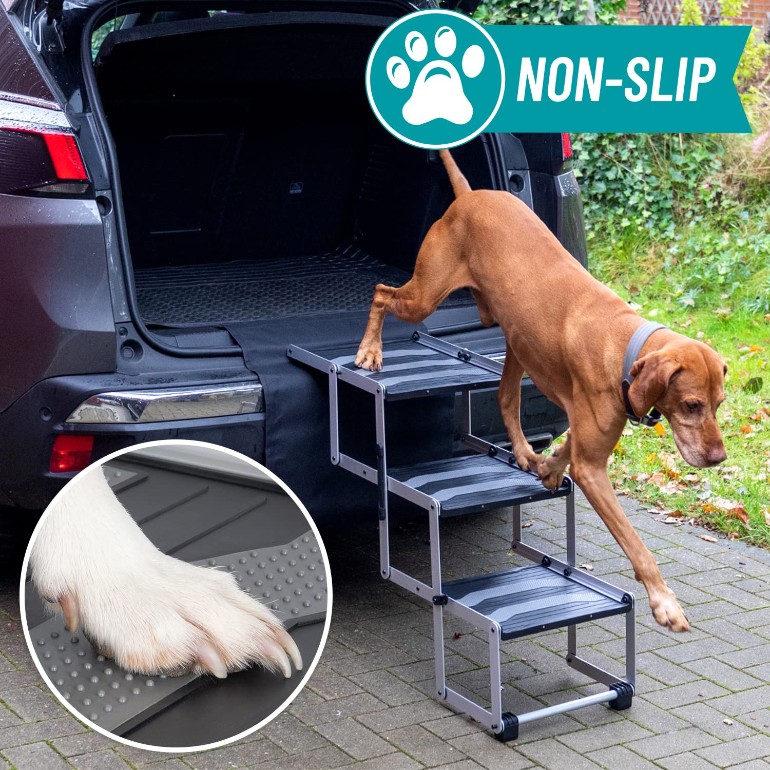 VOSS.PET Faltbare Hundetreppe, 3-stufige Kofferraumtreppe, Gelenkschonende Auto-Treppe, Einstiegshilfe für Hunde aus Aluminium mit Schutzmatte