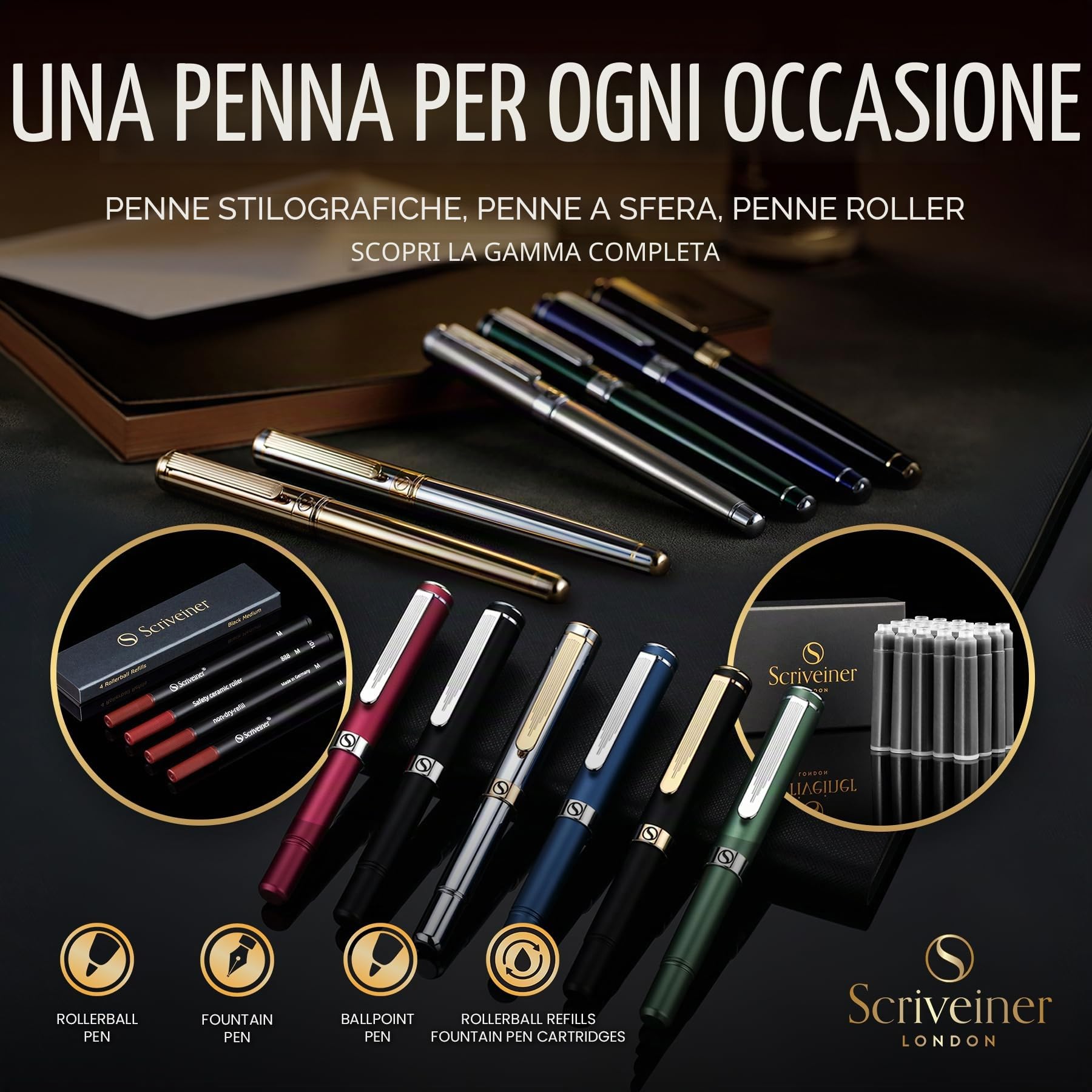 Scriveiner Pen, Splendida Penna a Sfera Cromata Silver, Finitura Placcato in Vero Oro, Refill Inchiostro Nero, Penne Eleganti, Professionali, da Ufficio, Idee Regalo per Lui e per Lei