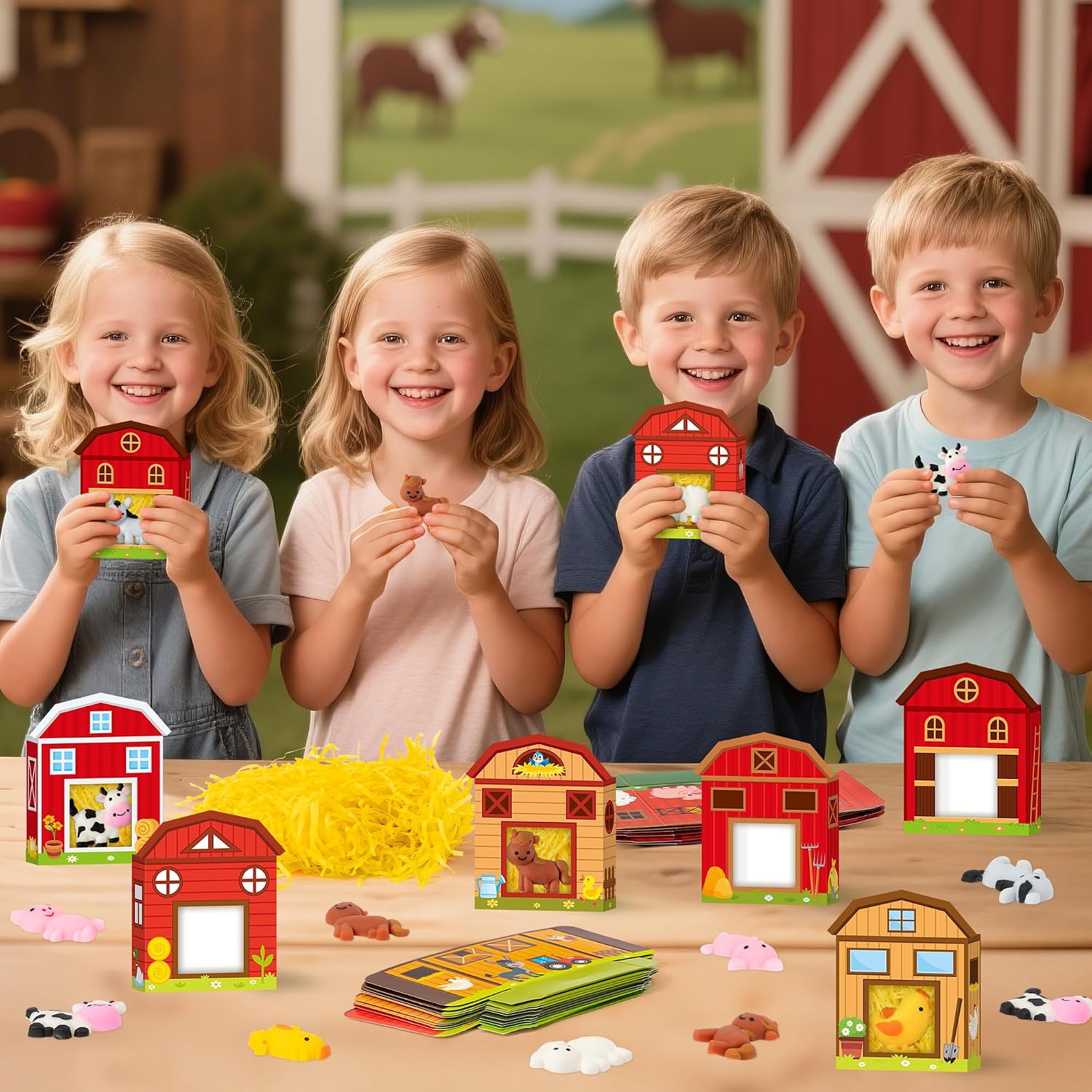 CY2SIDE 24 Pack Farm Animal Squishy Toys with Farm Barn Gift Box and Raffia Filler for Kid, Cute Pig Cow Chicken Novelty Miniature Squishy Toys for Birthday Gift Spring Goodie Bag Stuffed for Girls