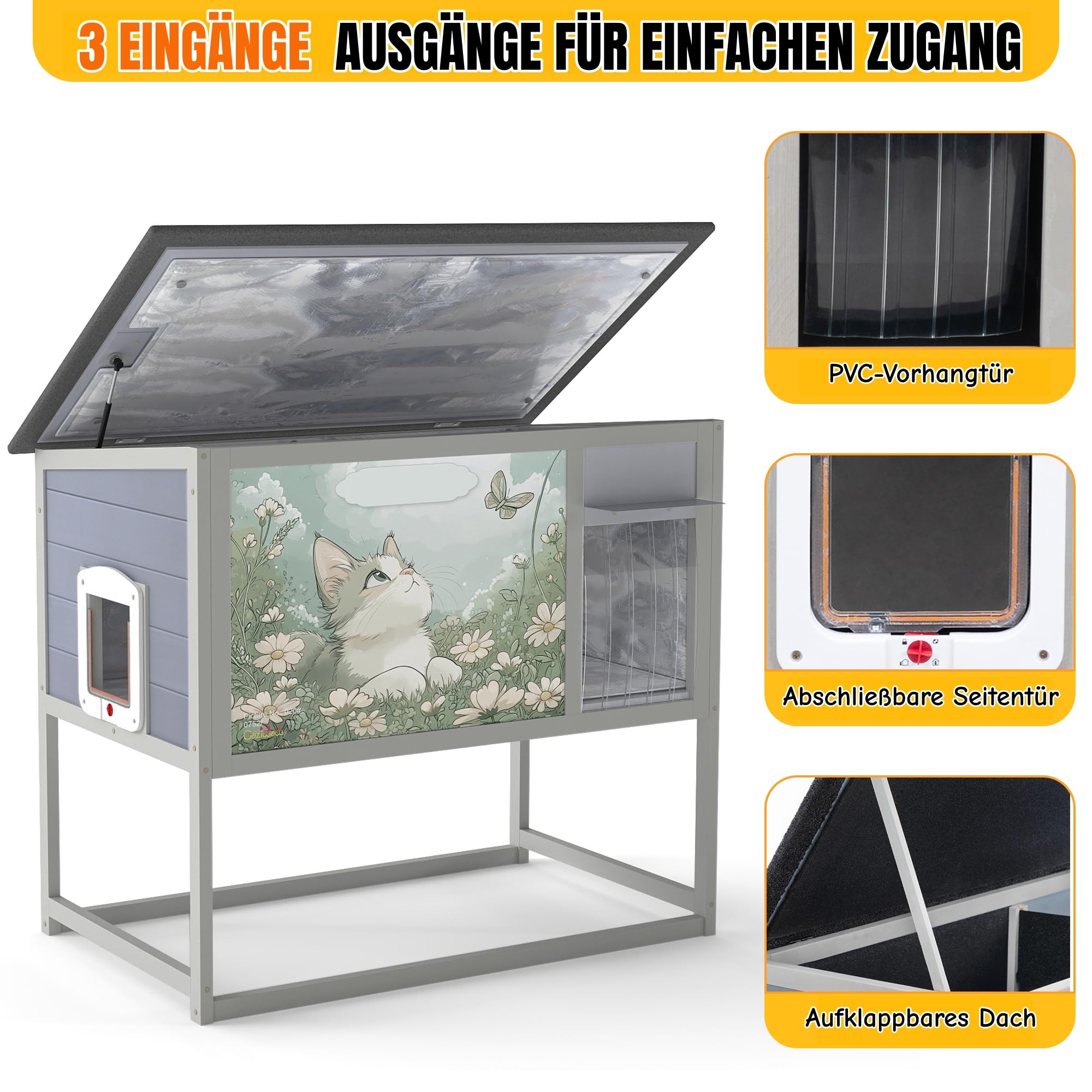 isoliertes Katzenhaus Outdoor Winterfest mit hohen Beinen – Grau mit Buntem Design, Holz Haustierhaus wetterfest mit PVC-Türvorhang, Wärmedämmung & aufklappbarem Dach für Katzen und Kleintiere