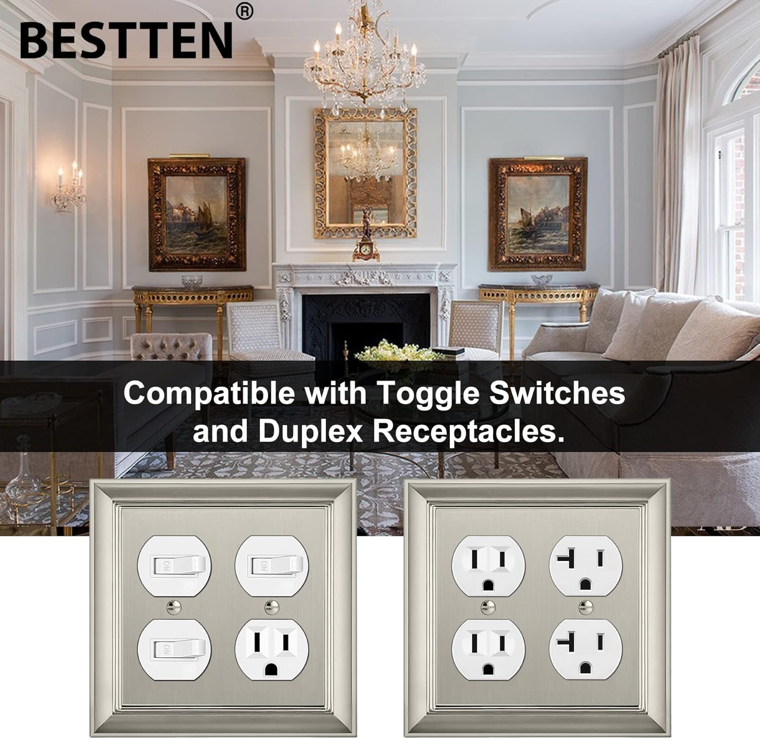 [2 Pack] BESTTEN Satin Nickel Zinc Alloy 2 Gang Duplex Wall Plate, Grand Collection Decorative Metal Receptacle Outlet Cover
