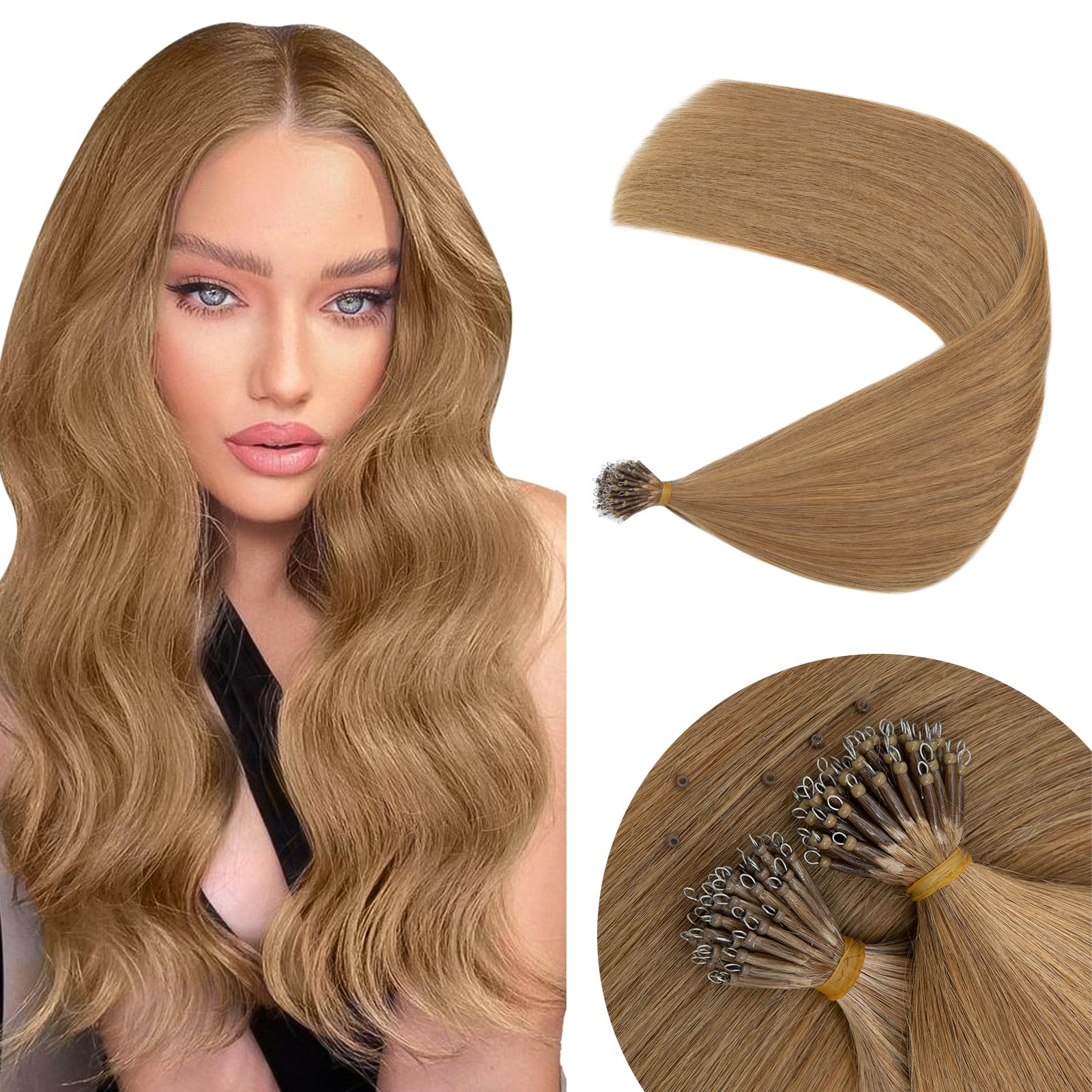 Elailite Nano Beads Hair Extensions Real Human Hair 50 Strands 50g Nano Rings Nano Tip Cold Fusion Remy Hair Straight (#27 Dark Blonde
