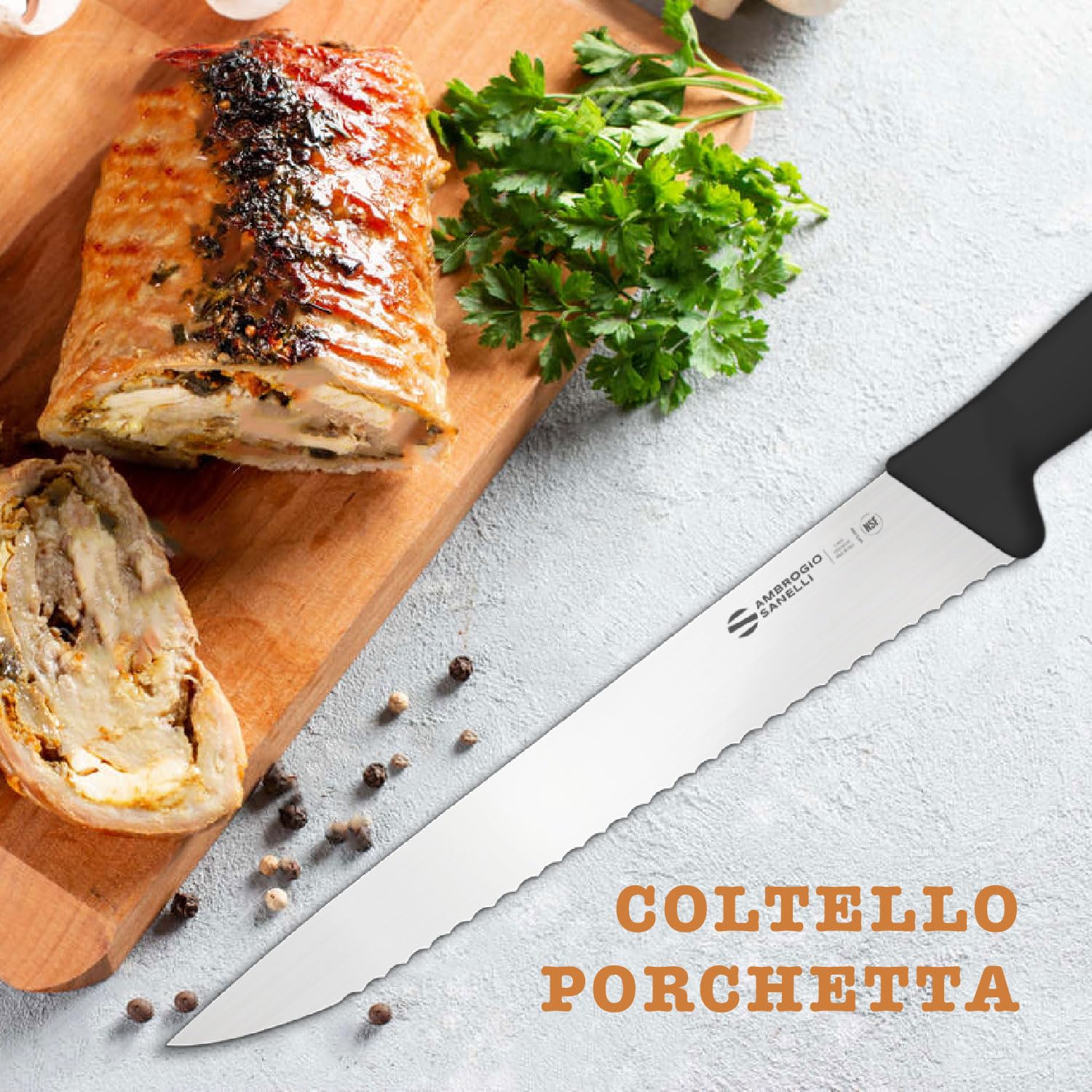 Ambrogio Sanelli, Supra Coltello Porchetta, Coltello Professionale da Cucina con Lama 30 cm in Acciaio Inox all'Azoto NitroB e Manico Antiscivolo +Grip, Coltelli da Cucina Professionali, Made in Italy