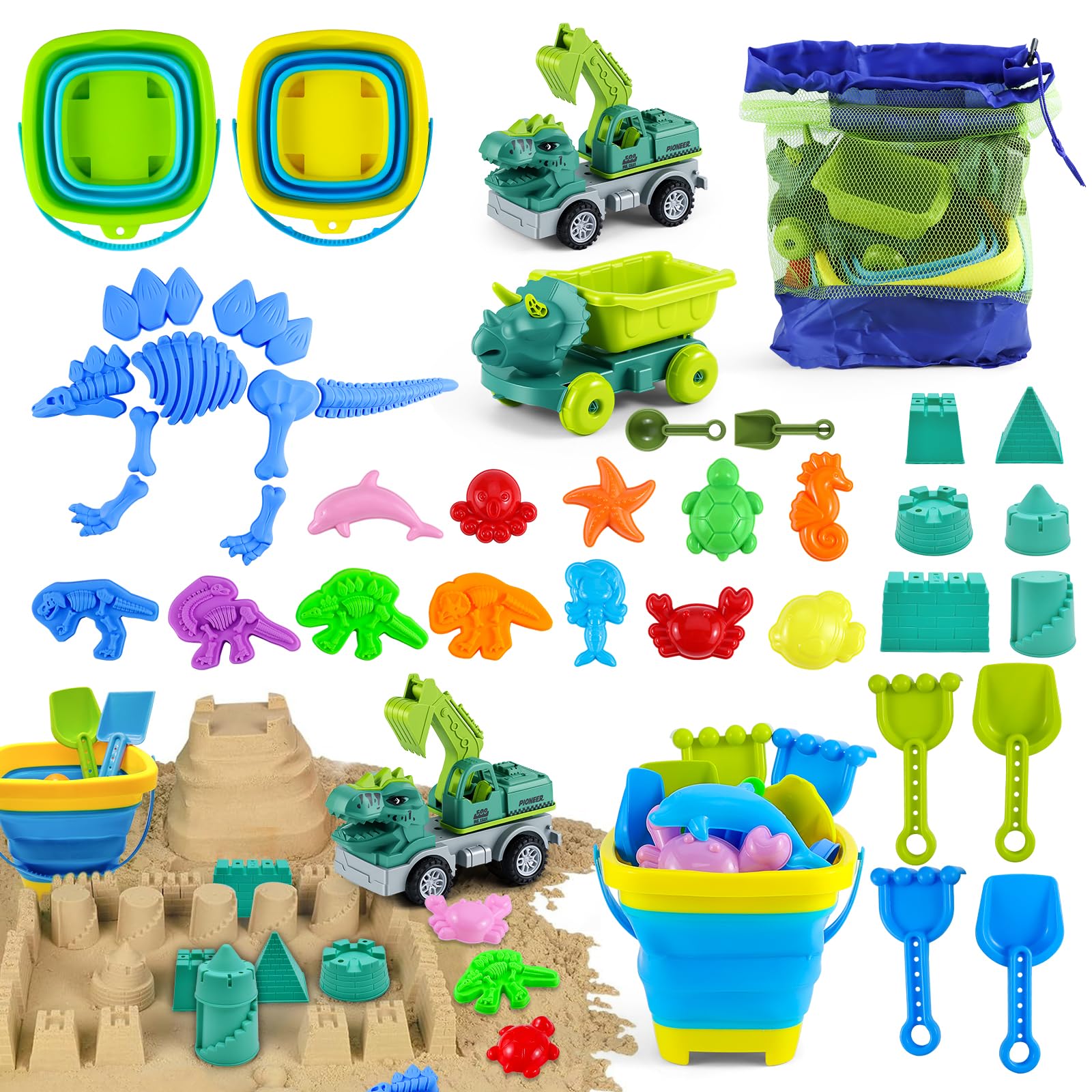 Lot de 36 Jouets de Plage pour Enfants - avec Motif Dinosaure (âge 1 à 3 Ans) - Ensemble de Jouets de Plage de Voyage (âge 4-8) - Sac en Filet - Pelle - Château - Formes d'animaux Kit de