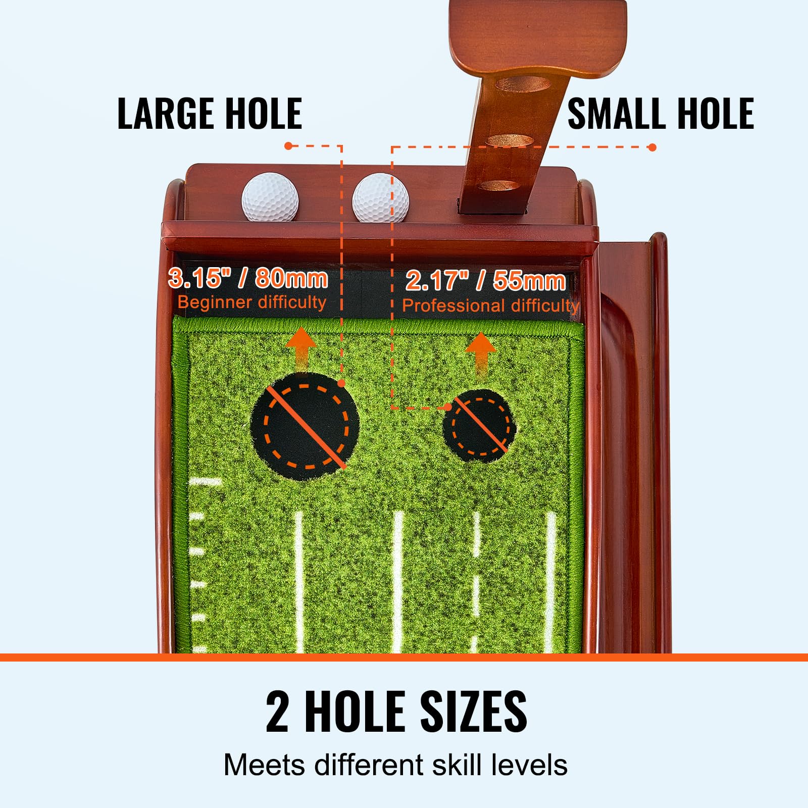 VEVOR Golf Puttingmatte, Golfmatte mit 2 Löchern, Indoor/Outdoor Golf Übungsmatte, Minigolf-Set mit automatischer Ballrückführung, Ausrichtungsleitfaden, Holzbasis, Golf-Trainingsgeräte, Grün