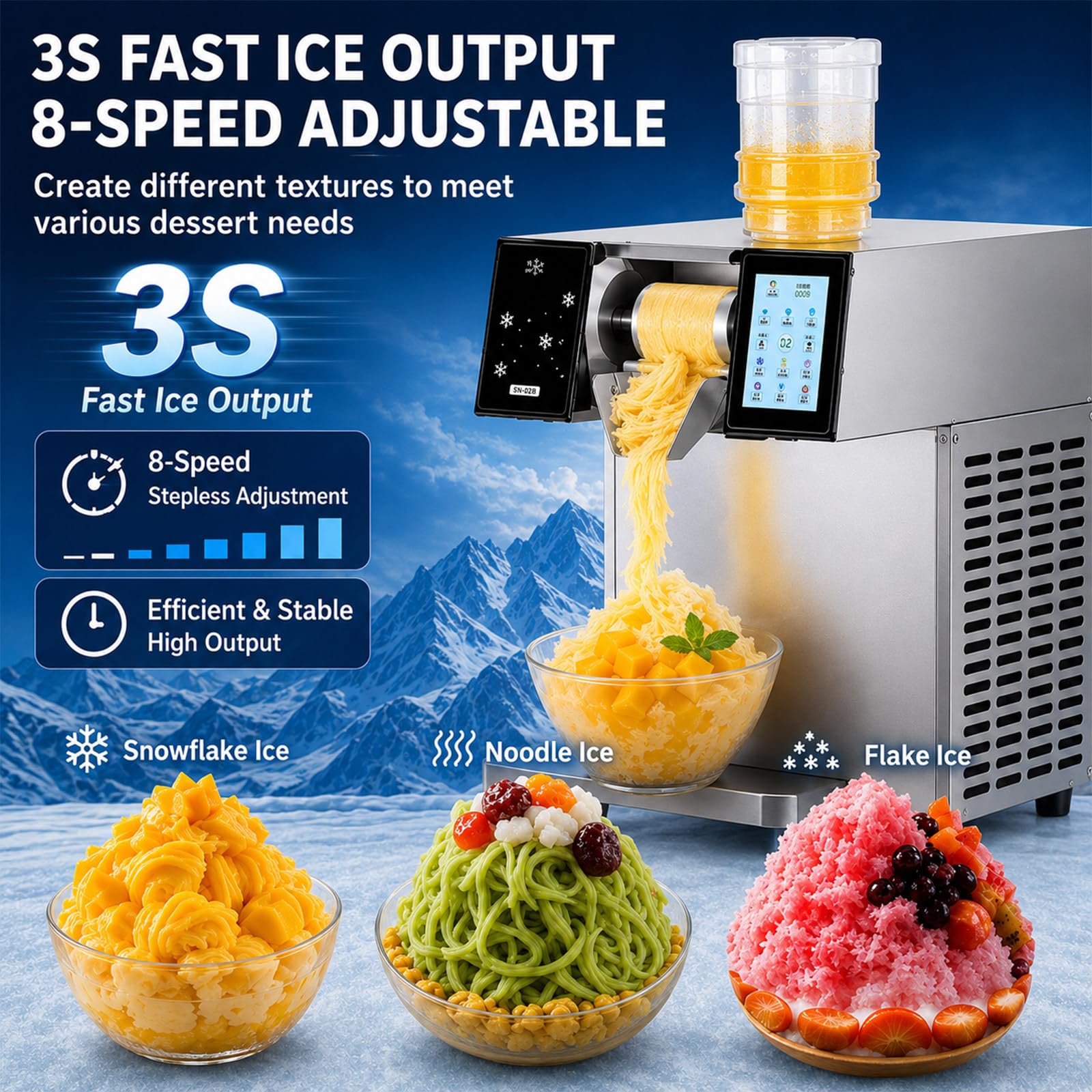 Gewerbliche Flockeneismaschine, 180–400 Kg/24 H Schabeeismaschine, 3S Schnellkühlung, Edelstahl,Flockeneisbereiter für Desserts & Eiscreme, Geeignet für Partys Gewerblichen Einsatz HS300Kg