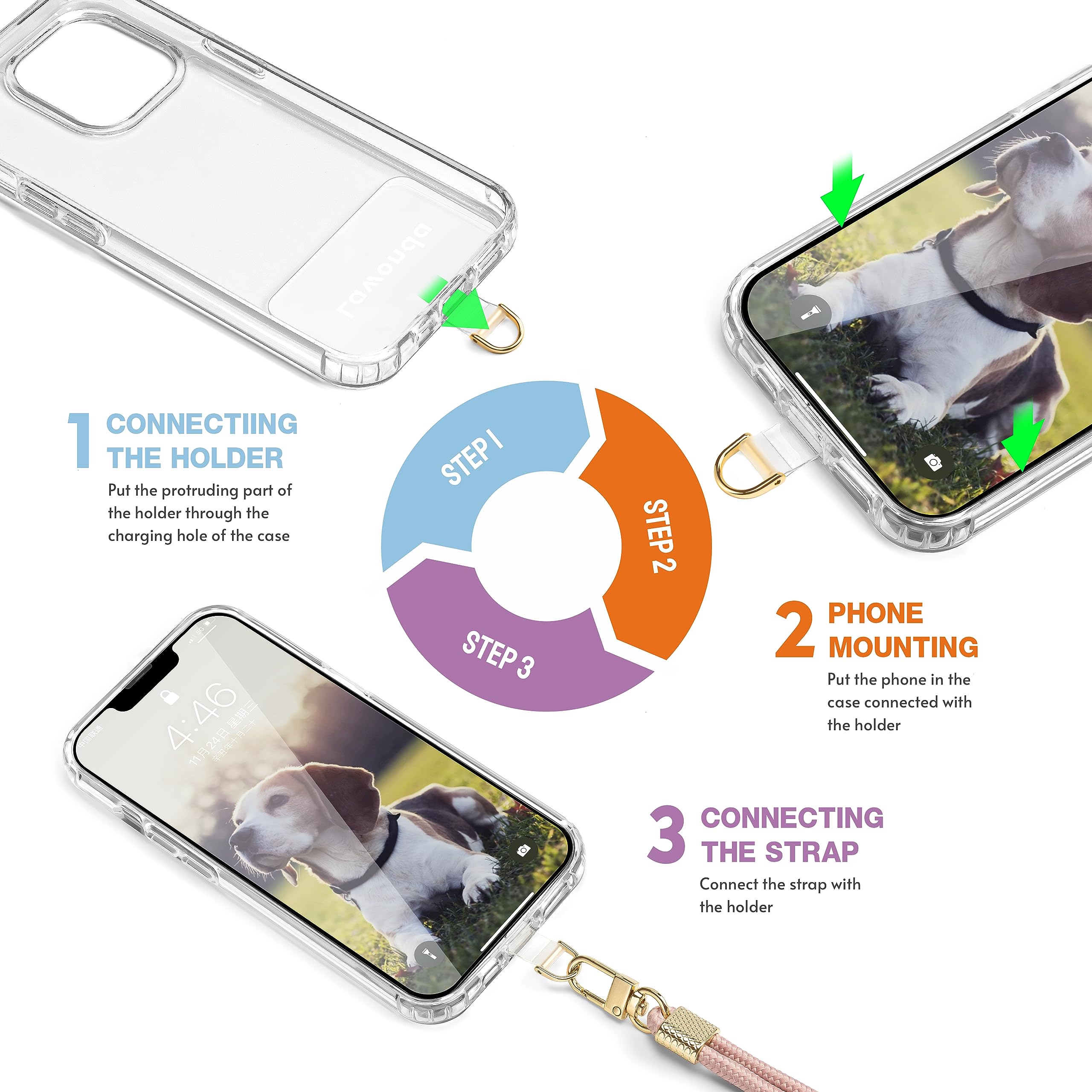 Smycz do telefonu, uniwersalna smycz na telefon komórkowy, z regulowaną, zdejmowaną nylonową smyczą na szyję, crossbody i 2 czarne i przezroczyste naszywki, do większości smartfonów z etui na
