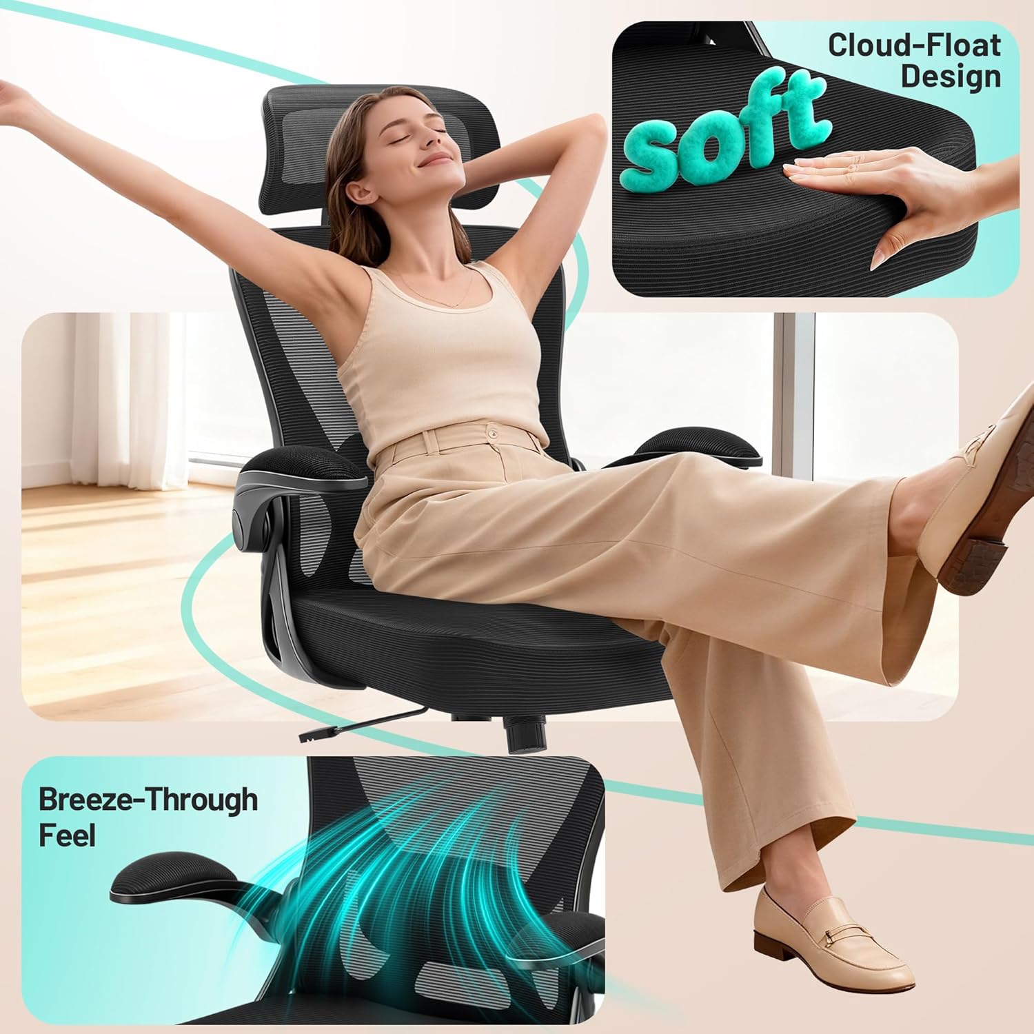 AreShark Office Chair - Ergonomic Desk Chair Breathable Mesh Chair with 2D Headrest & Adjustable Lumbar Support - Executive High Back Rolling Swivel Computer Gaming Chair with Wheels Flip-up Armrests - Image 7