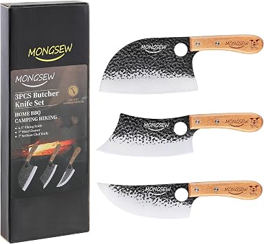 MONGSEW 3PCS Butcher Viking Knife Set, Hand Forged 7" Serbian Chef Knife, 7" Butcher Meat Cleaver, 6.5" Viking Knife Smile Dog Pattern