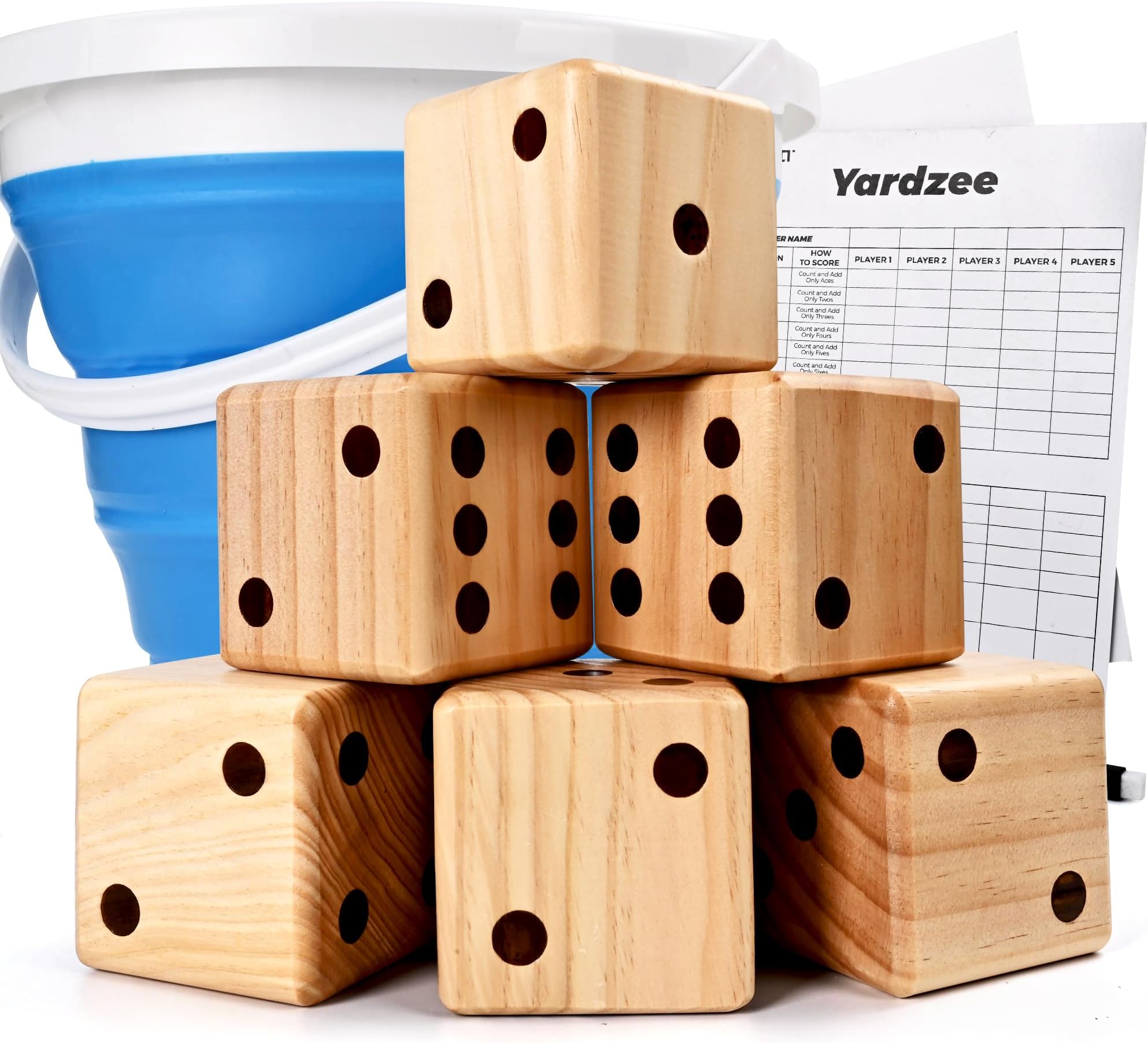 ROPODA3.5" Giant Wooden Yard Dice Set for Outdoor Fun, Barbeque, Party Events, Backyard Games, Lawn Games Includes 6 Dice, Collapsible Bucket, Score Cards & Dry Erase Marker