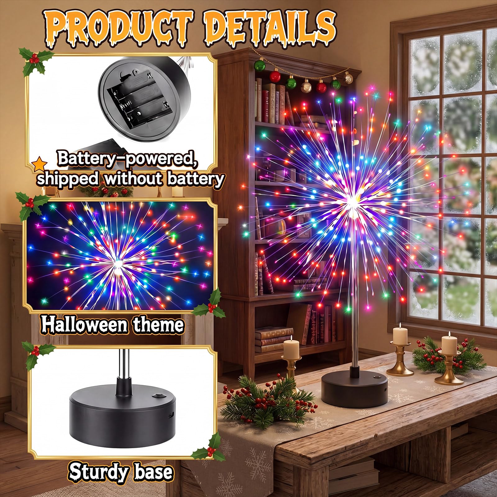 Tujoe Weihnachts-Feuerwerk und Blumen-Mittelstück-Lichter, 120 LEDs, buntes Bankett, rote und grüne LED-Feuerwerk-Lampe für Weihnachten, Tisch, Hof, Außenbereich, Fee, dekorativ, 3 Stück
