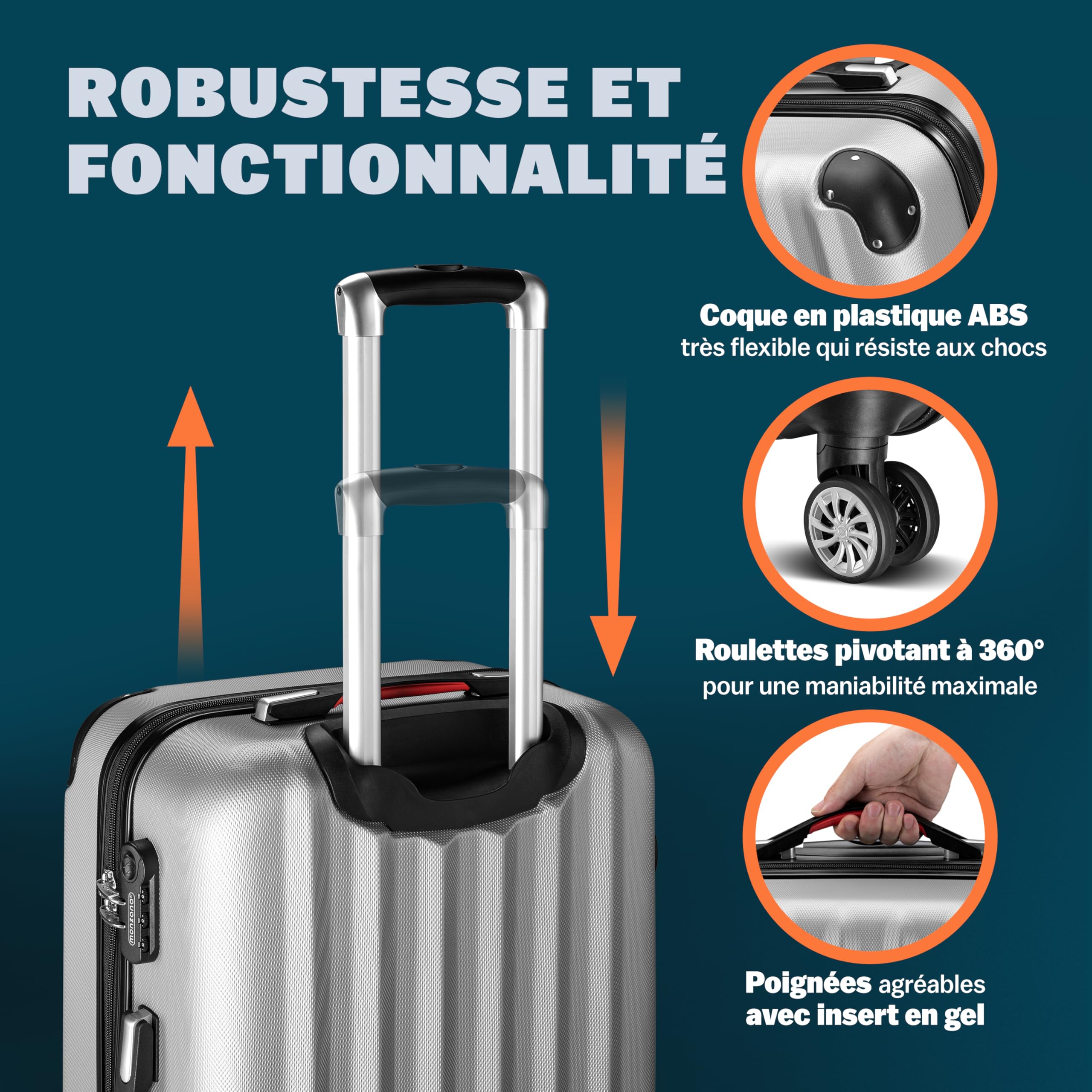 Monzana® Lot de 3 valises rigides Argent M/L/XL 4 Roues 360° Poignée télescopique Cadenas à Combinaison Valise à roulettes