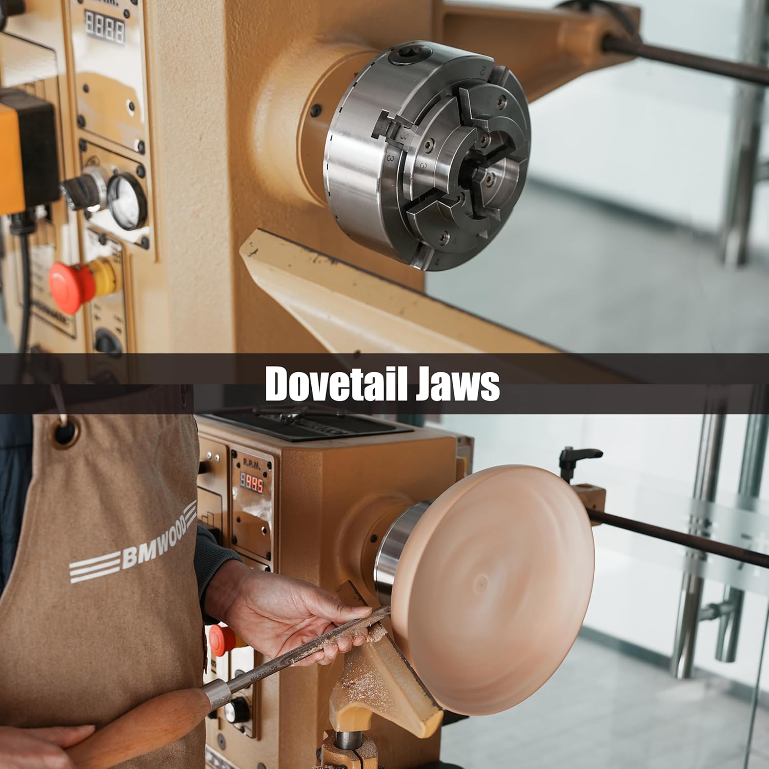 5.5" Woodlathe Chuck, Thread 1-1/4"x8TPI", Dovetail Jaws, Pin Jaws, 10" Flat Jaws, Step Jaws, Wide Jaws, Wood Screw, Thread adaptor to 1"x8TPI, Two Nylon Washers, Two Chuck Keys and T Handle Key.