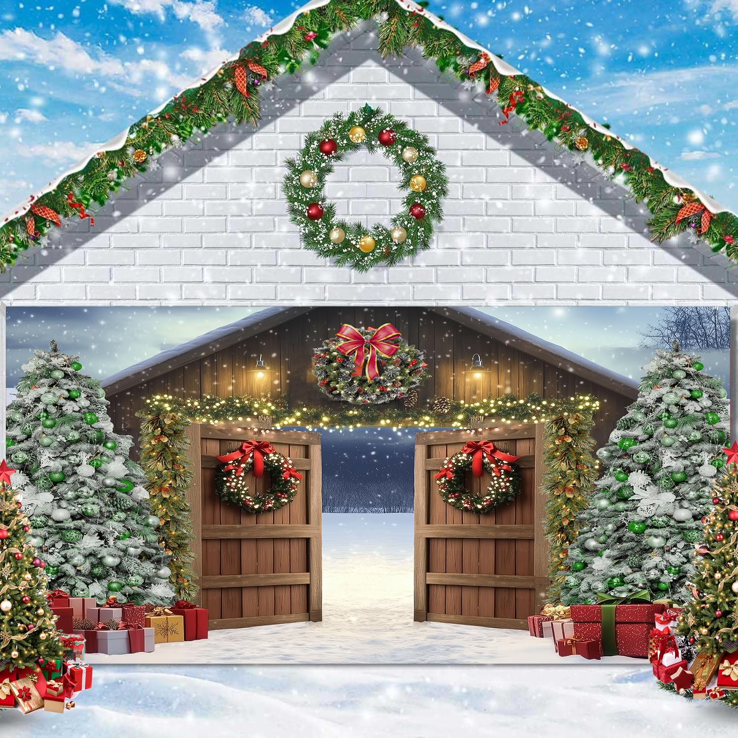 7X16ft Christmas Barn Door Garage Door Decoration Background Winter Barn Xmas Tree Snow Backdrop Xmas Festival Party Banner for Family Holiday Party