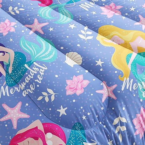 Miniatura 5 de Juego de edredón de sirenas de dibujos animados para niñas, tamaño individual, con temática de princesa, juego de ropa de cama con 1 edredón y 2
