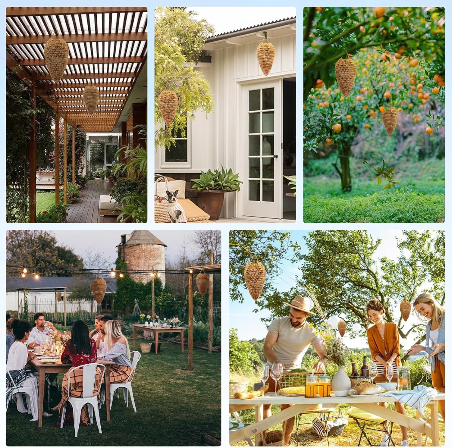 Confezione da 4 esche finte a forma di vespe all'uncinetto, da appendere, per esterni, calabroni all'uncinetto, decorazione per patio, grondaie, frutteti (terra scura)