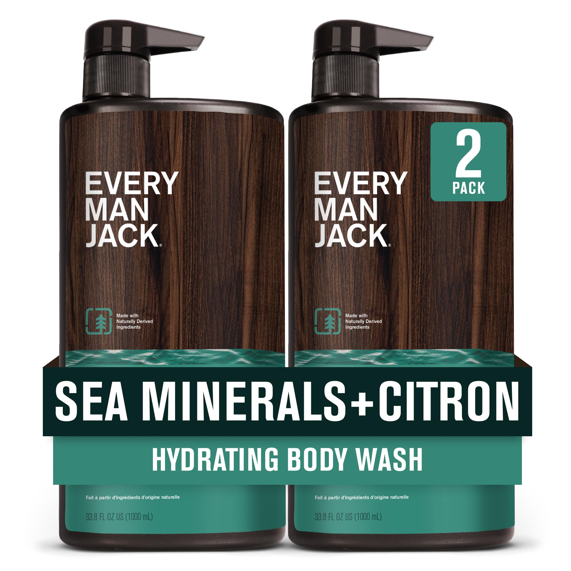 Every Man JackMen’s Hydrating Body Wash for All Skin Types - Cleanse and Hydrate Skin with Naturally Derived Marine Extracts, Coconut Oil, and a Sea Minerals + Citron Scent - 33.8 fl. oz. - 2 Bottle