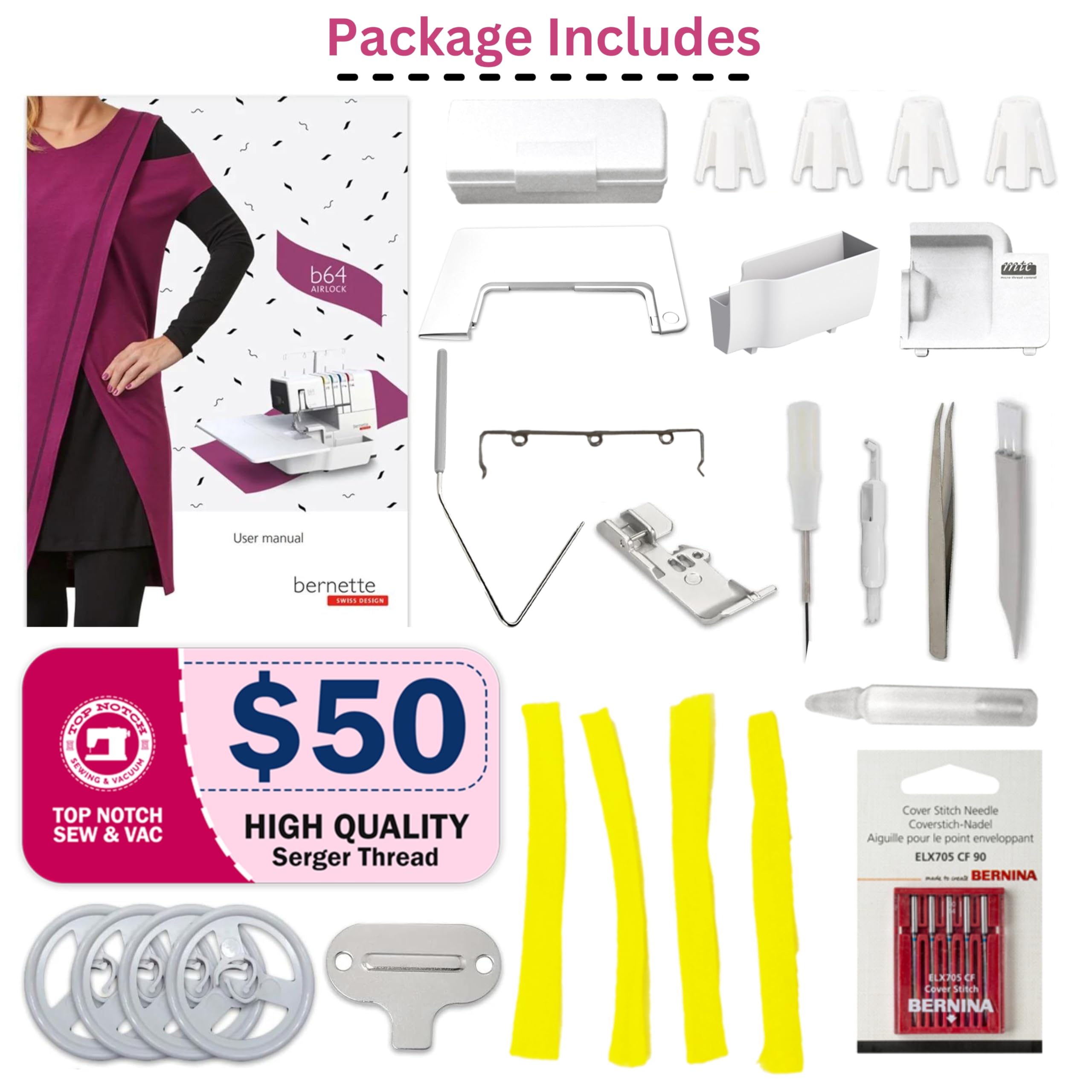 Bernette Airlock B64 Overlock Serger Sewing Machine | Air Threading Free Arm 1300 SPM LED Light Presser Foot | Quilting Embroidery Kit Tool with Accessories for Home or Professional Use