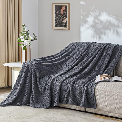 Miniatura 4 de BEAUTEX Manta de forro polar jacquard (50 x 60 pulgadas, gris) para sofá, cama y sofá, manta suave de sherpa mullida, acogedora manta de felpa
