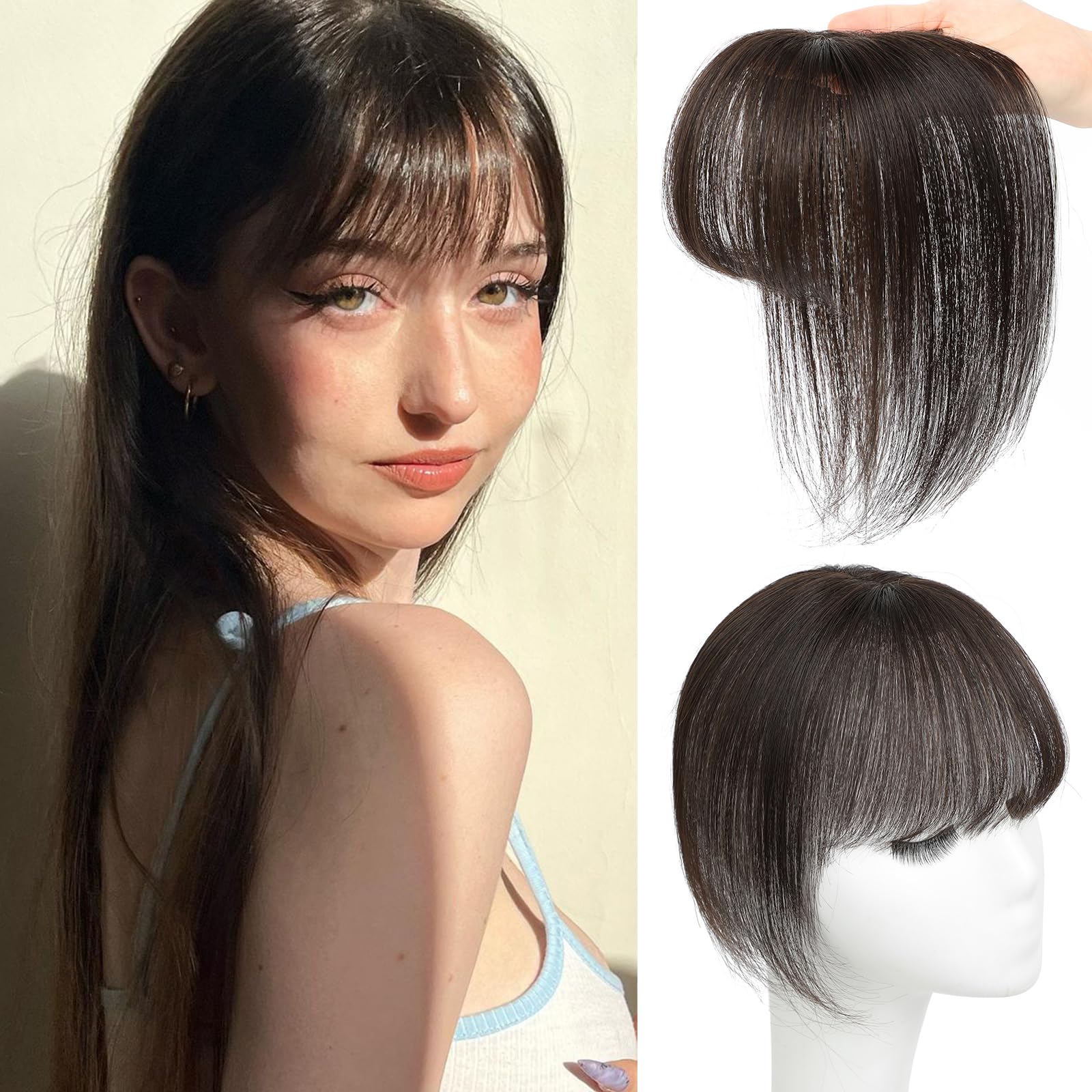 Clip in Bangs Real Human Hair 360° Cover French Bangs Brown Black Bangs Hair Clip 3D Fake Bangs with Fringe Hairpieces for Women Daily Wear