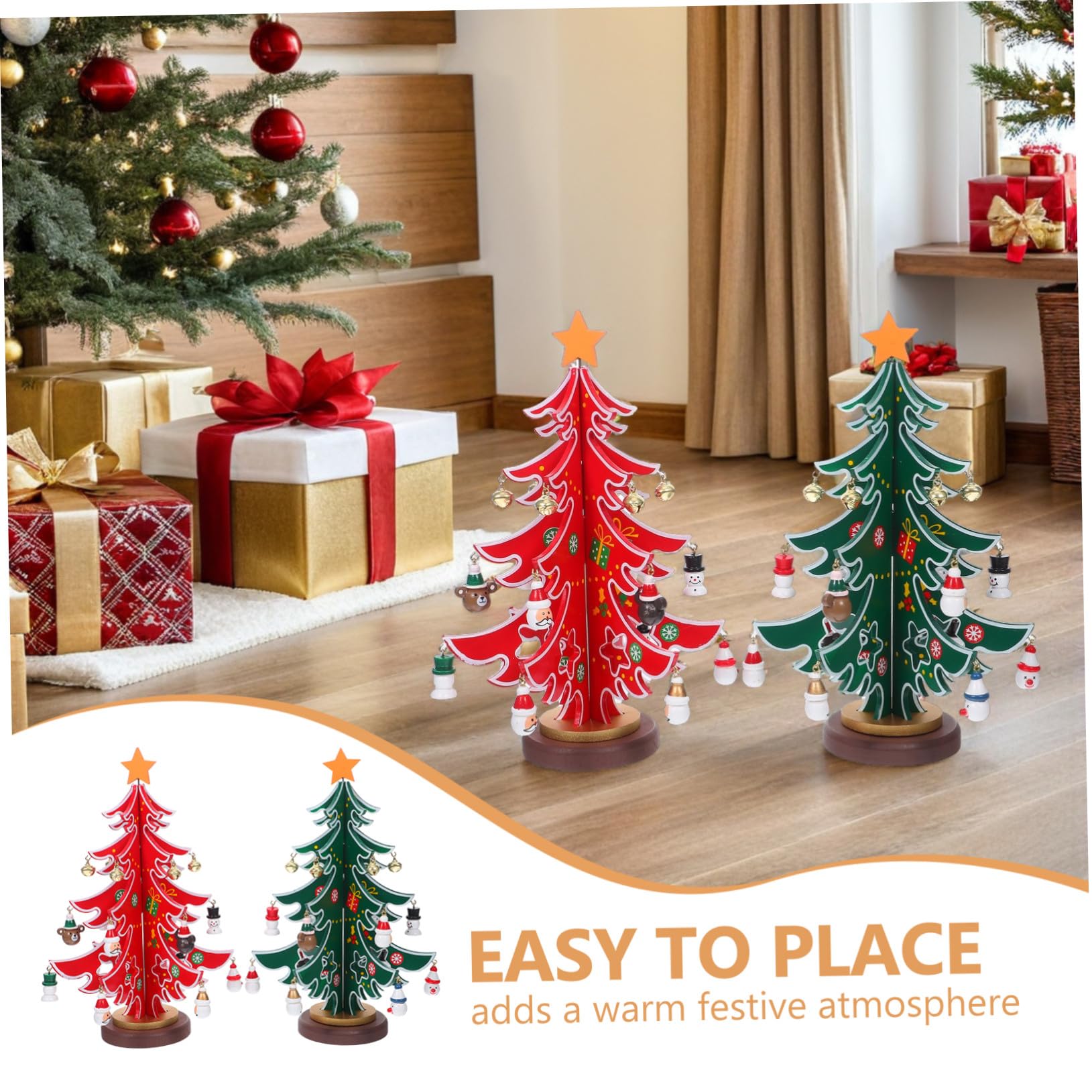 2 Piezas Adornos para arboles de Navidad pequeños pinos artesanales pequeños arboles de Navidad Decorados Mini árbol Falso Decoración de la Mesa del hogar Pino de Mesa de Madera