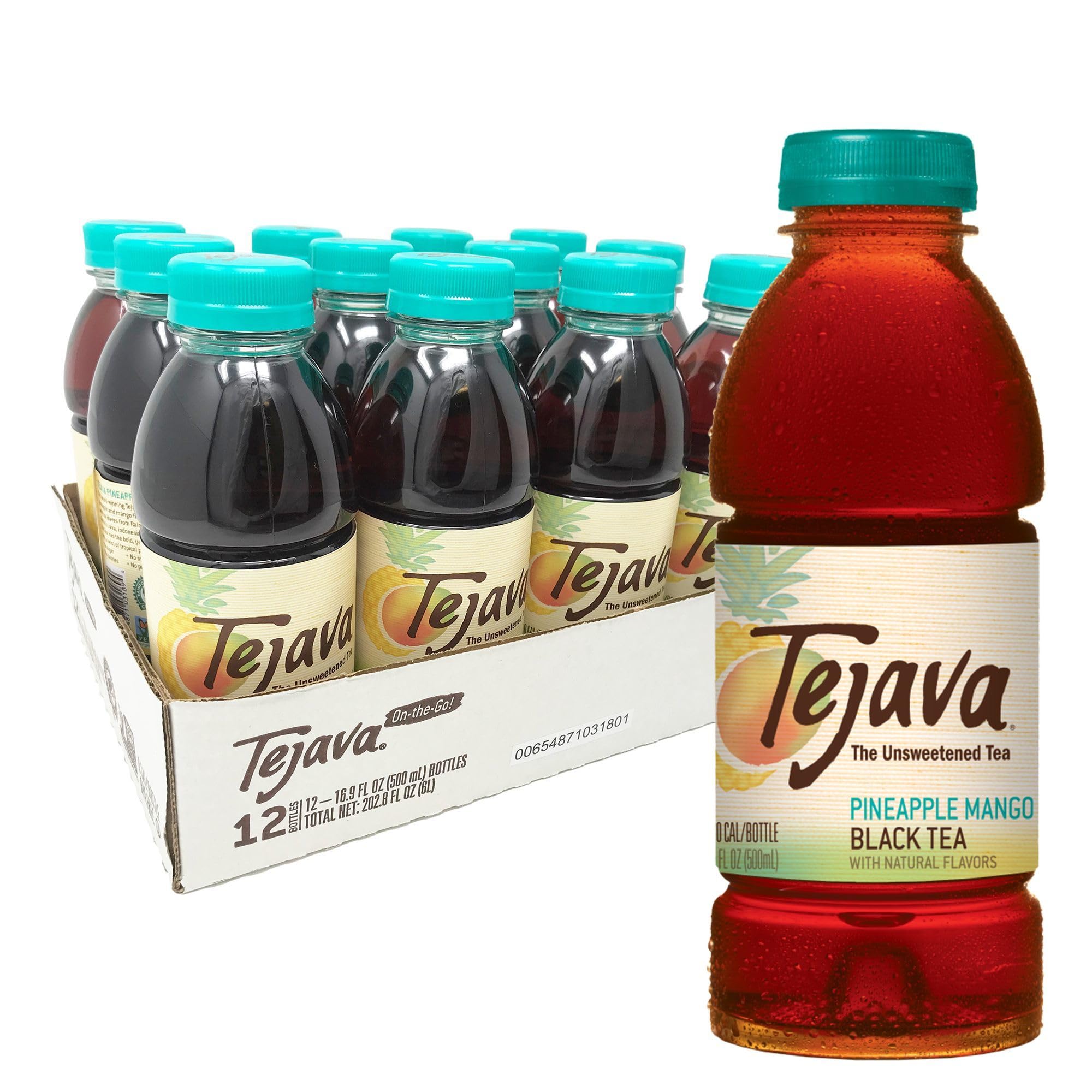 TejavaPineapple Mango Black Iced Tea, 12 Pack, 16.9oz PET Bottles, Unsweetened, Non-GMO, Kosher, No Sugar or Sweeteners, No calories, No Preservatives, Brewed in Small Batches