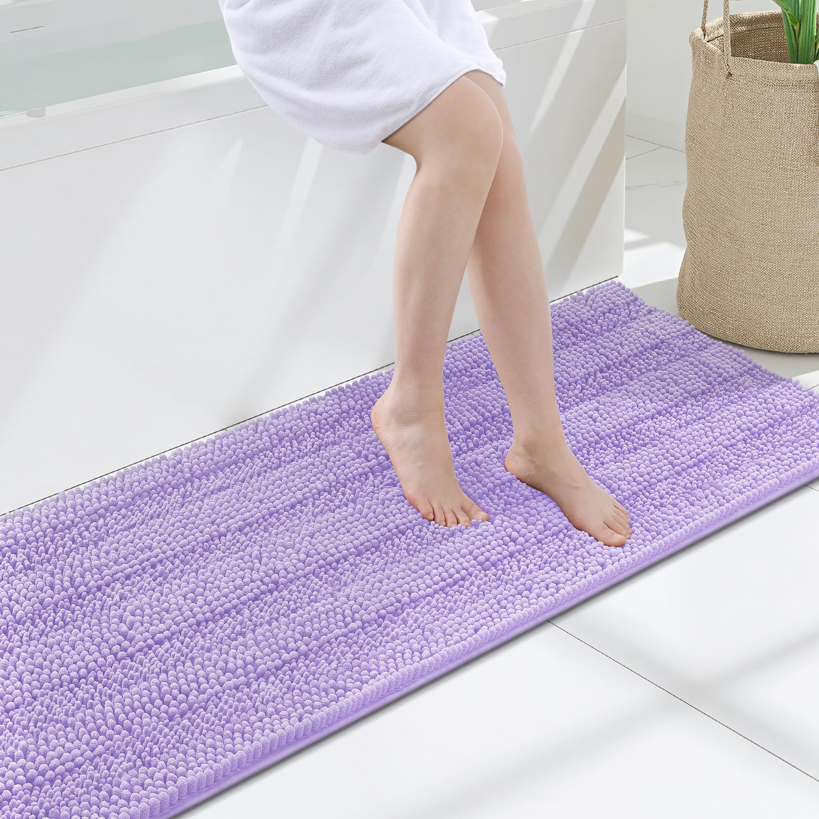Grandaily Chenille Bathroom Rugs 47x17, Soft Bath Mats, Light Purple