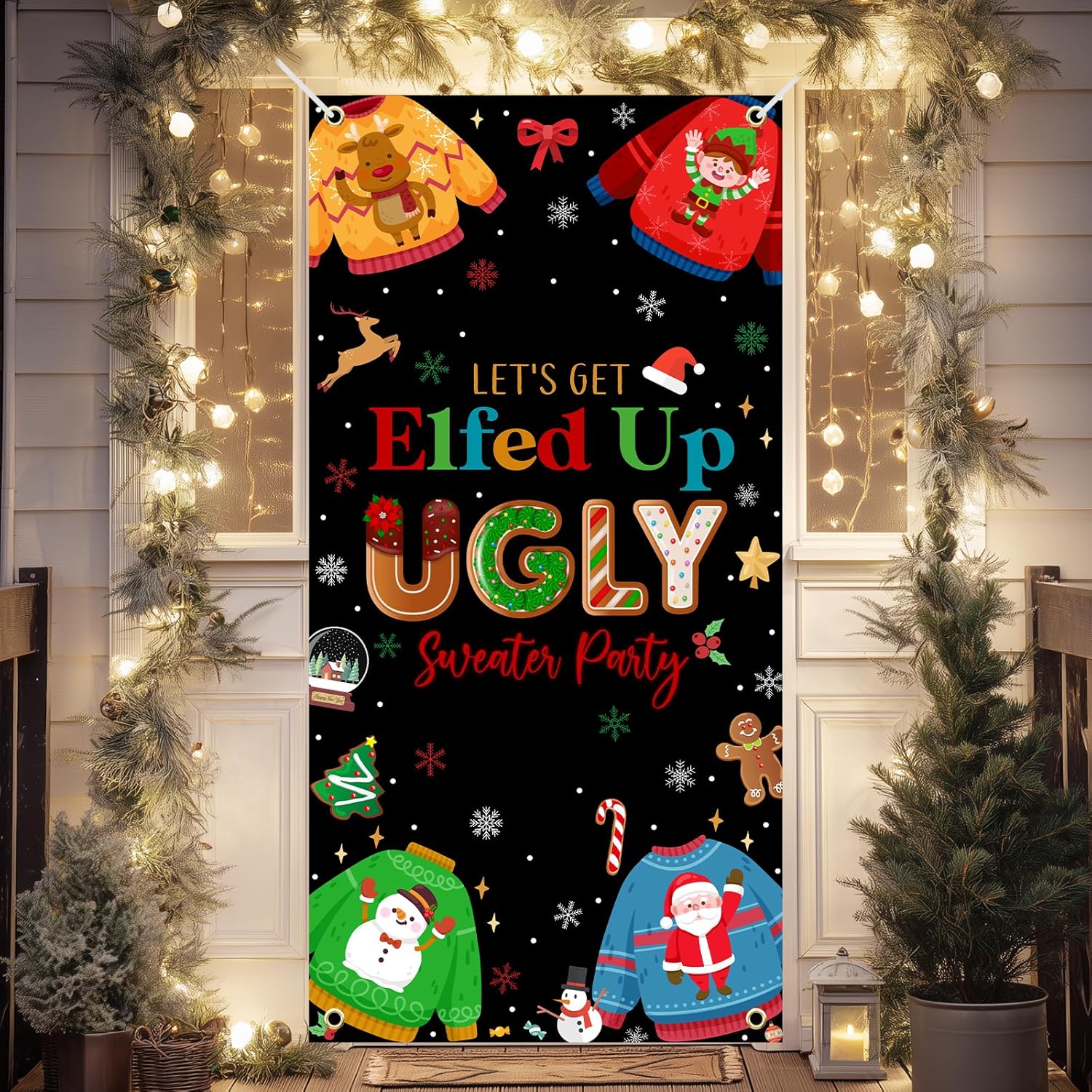 Avezano Christmas Door Cover Ugly Sweater Banner for Front Door Xmas Door Banner Christmas Ugly Sweater Party Decorations