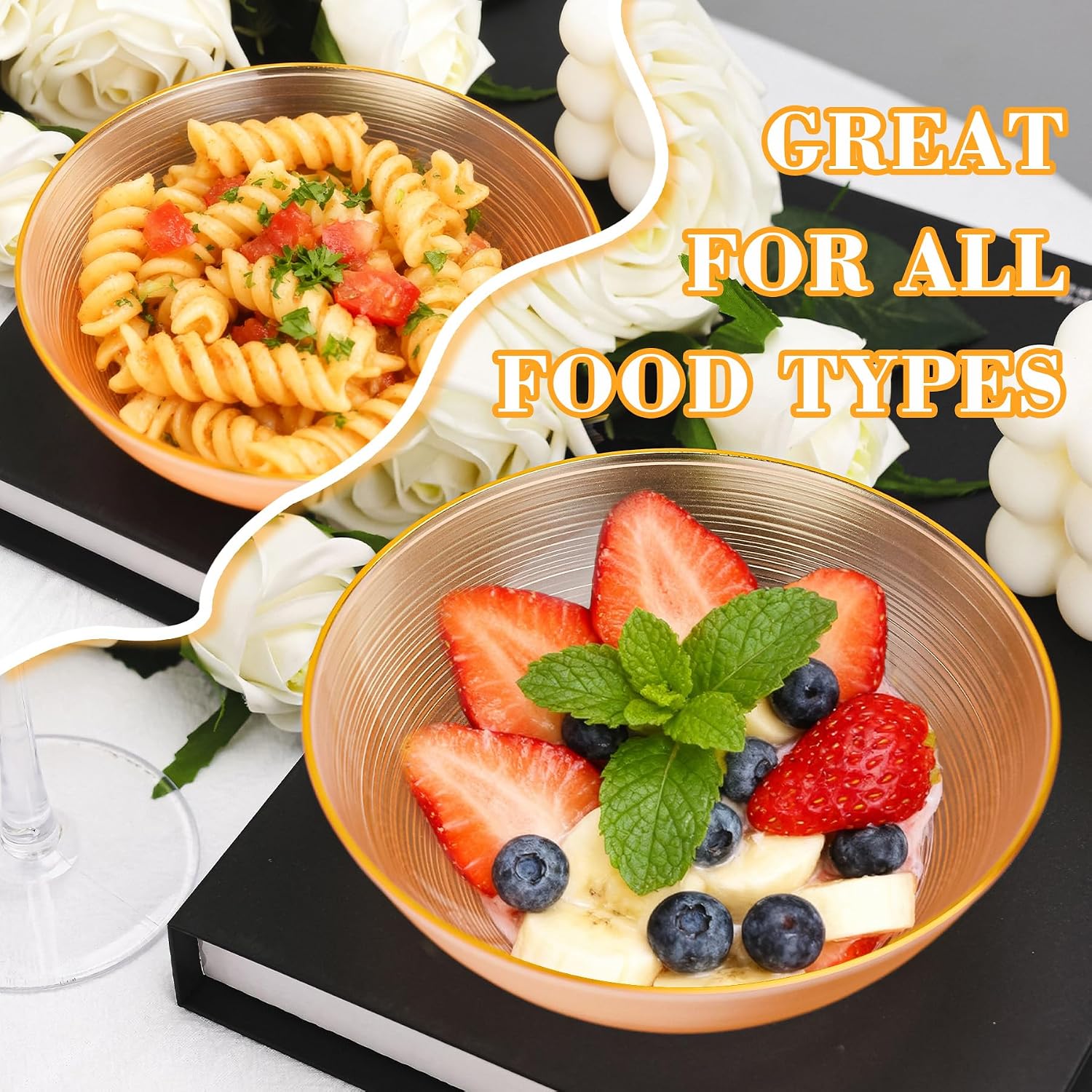50 Pack 12 Oz Orange Plastic Bowls, Disposable Salad Bowls | Heavy Duty Dessert Bowls with Gold Rim for Salad, Fruit, Ice Cream, Summer Parties, Wedding and Everyday Use