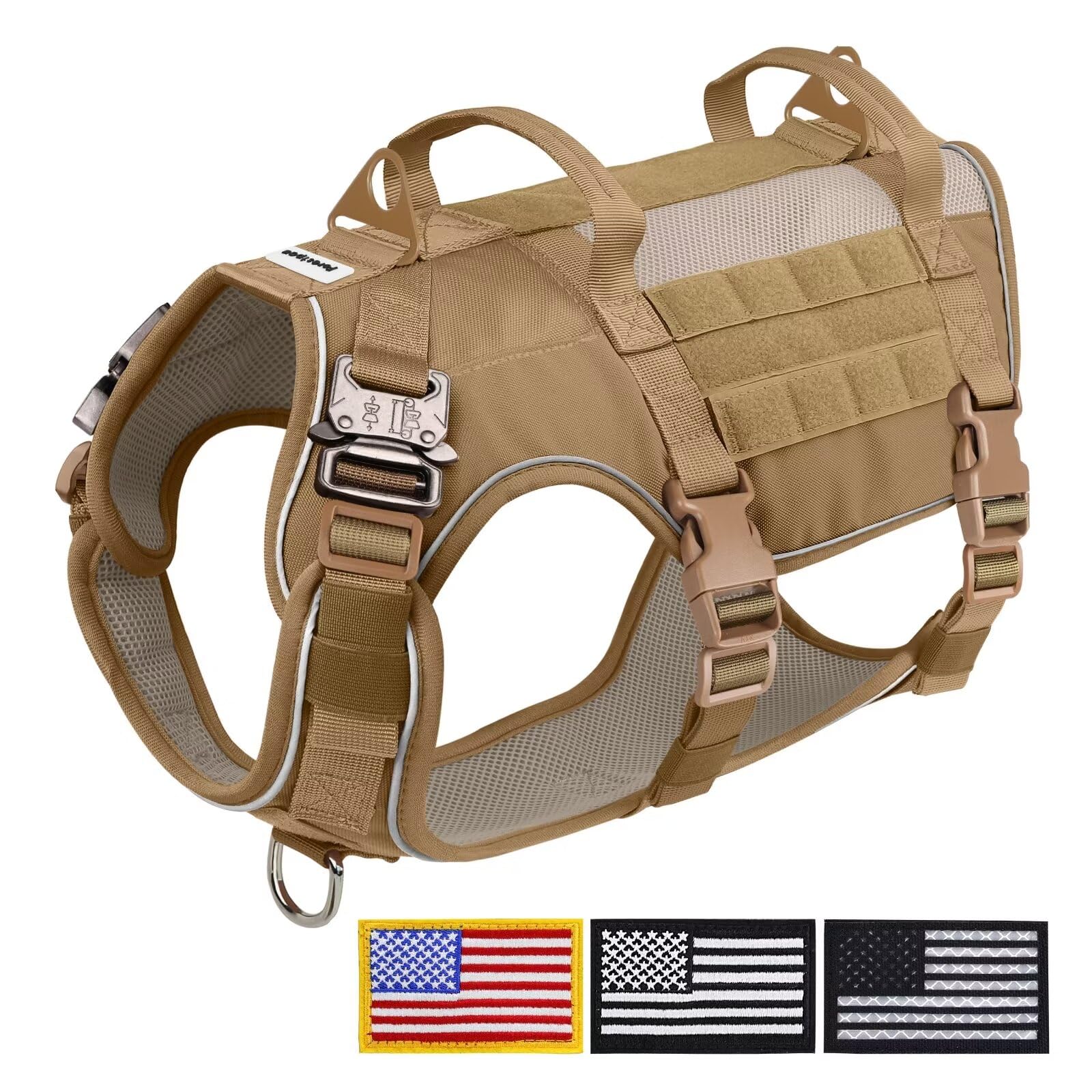 ForestpawUpgraded Mesh Breathable Tactical Dog Harness,Reflective Military Dog Harness,No Pull Front Clip Service Dog Vest with 2 Handles,Adjustable Pet Vest for Medium Large Dogs(Khaki-L)
